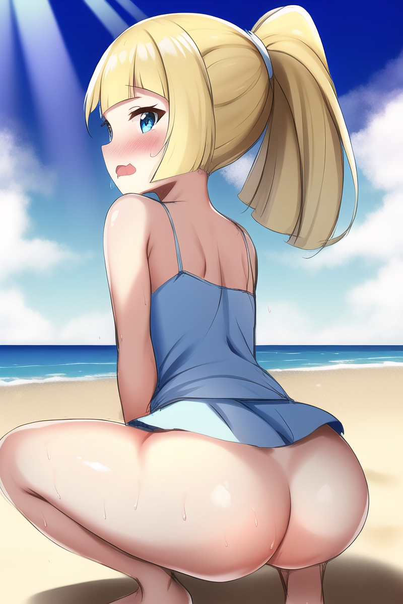 1girls, ai generated, ass, blonde hair, blue eyes, bottomless, female, lillie (pokemon), long hair, nai diffusion, nintendo, no panties, pale skin, pokemon, pokemon sm, solo, squatting, stable diffusion, thighs