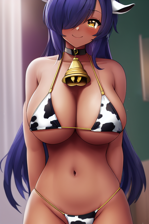 1girls ai_generated animal_ears animal_print areola_slip areolae bell blush breasts cow_ears cow_girl cow_horns cow_print cowbell dark-skinned_female eyes_visible_through_hair fake_animal_ears hair_ornament hair_over_one_eye horns indoors large_breasts long_hair looking_at_viewer nai_diffusion navel neck_bell original sling_swimsuit smile solo stable_diffusion swimsuit thighs year_of_the_ox yellow_eyes