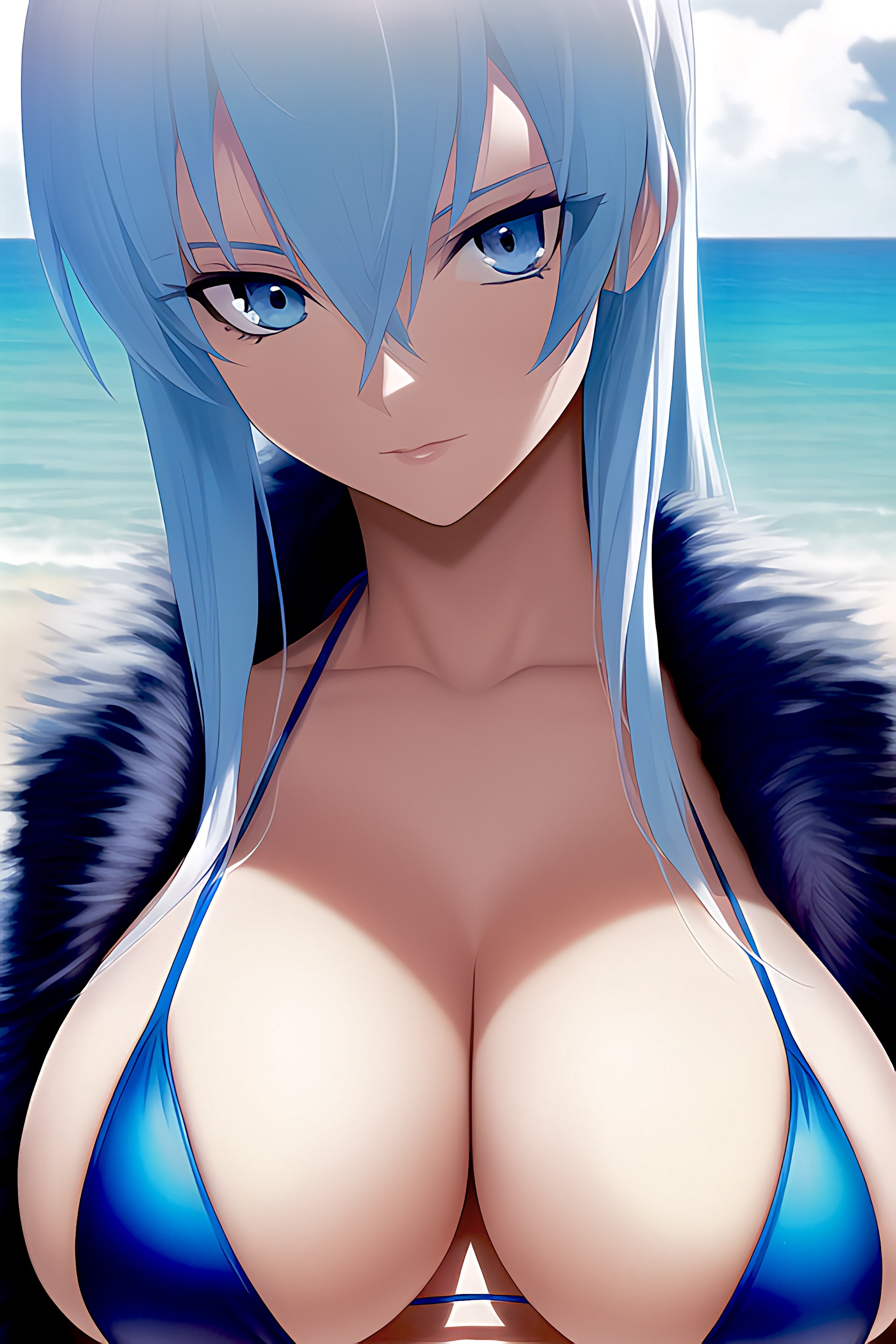 1girls, ai generated, akame ga kill!, bikini, blue eyebrows, blue eyes, blue hair, blush, breasts, cleavage, curvaceous, curves, curvy, esdeath (akame ga kill!), eyelashes, eyeliner, female, female only, huge breasts, human, large breasts, makeup, nai diffusion, solo, solo female, stable diffusion, very long hair