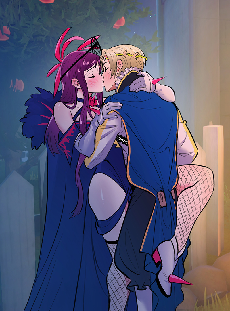 1boy 1girls alfred_(fire_emblem) bare_thighs blonde_hair blush cape closed_eyes couple dress elbow_gloves fascinator female fire_emblem fire_emblem_engage fishnet_legwear fishnets fur_trim gloves high_collar high_heels ivy_(fire_emblem) kiss kissing leg_up long_dress long_hair male nintendo purple_hair randomxphantom short_hair sleeveless sleeveless_dress strap thighhighs thighs