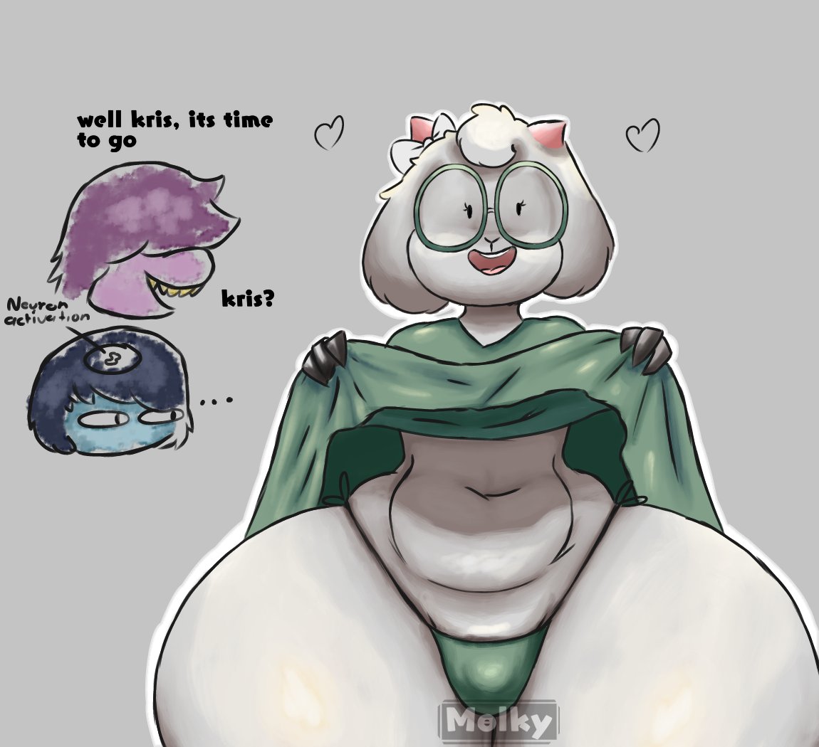 1girls, 2boys, anthro, ass, big ass, big butt, blue skin, bubble ass, bubble butt, deltarune, female, femboy, gigantic ass, glasses, goat, gothicc komy (artist), kris (deltarune), looking at viewer, male, ralsei, reptile, susie (deltarune), text, thick ass, thick thighs, thighs, wide hips