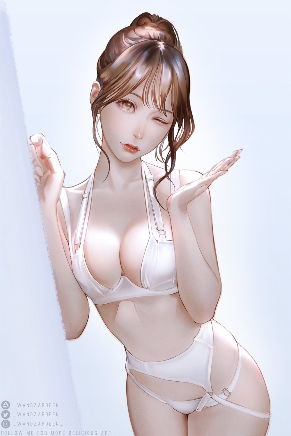 asian asian_female big_breasts blowing_kiss female female_only light-skinned_female lingerie original original_character wandzardeen wink