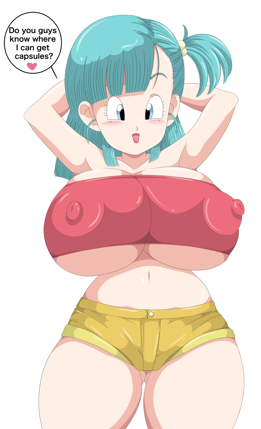 blue hair, breasts, bulma briefs, dragon ball, dragon ball (classic), dragon ball z, erect nipples, erect nipples under clothes, female, huge breasts, jean shorts, nipples, teenage bulma, teenage female, teenager, toshiso