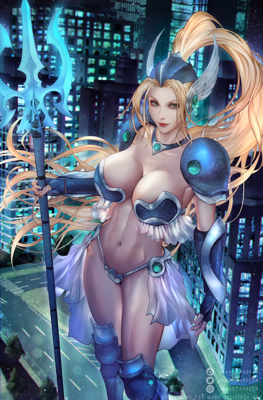 athletic athletic_female big_breasts blonde_hair cleavage female female_only navel original original_character wandzardeen