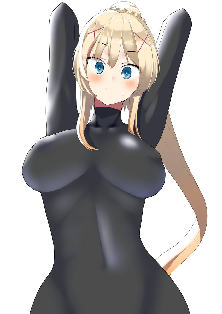 1girls, absurdres, arms behind head, arms up, bangs, big breasts, black bodysuit, black gloves, blonde hair, blue eyes, blush, bodysuit, bondage, braid, breasts, closed mouth, covered navel, covered nipples, darkness (konosuba), female, gloves, hair between eyes, hair ornament, high ponytail, highres, kono subarashii sekai ni shukufuku wo!, large breasts, long hair, looking at viewer, open mouth, shiny, shiny hair, shita (yagisauce 07), simple background, solo, teardrop, tongue, upper body, very long hair, white background, wide hips, x hair ornament