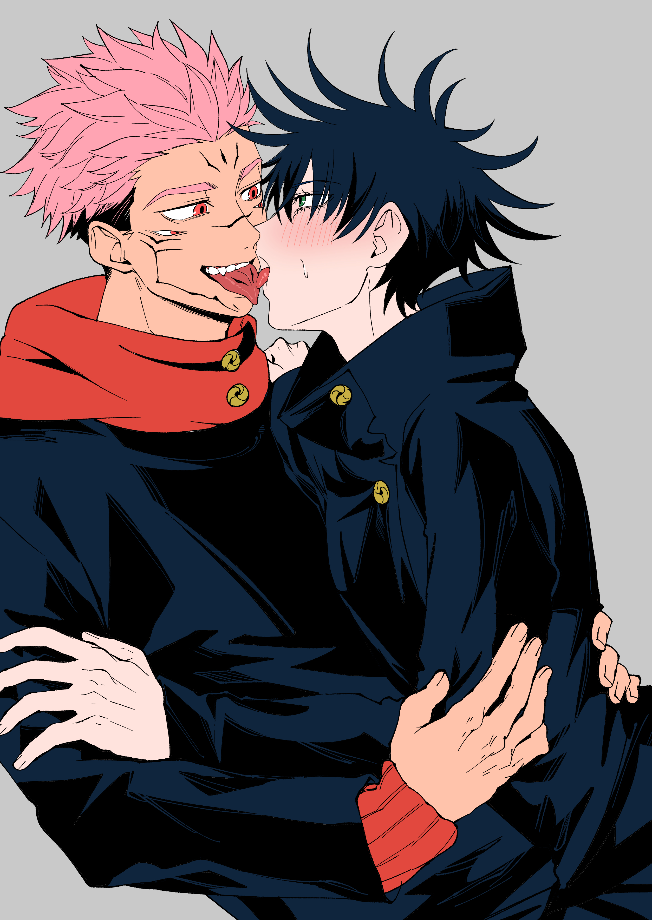 2boys, blush, clothed, french kiss, fushiguro megumi, green eyes, hugging, iinikukuiita, itadori yuuji, itafushi, jujutsu kaisen, kissing, male, male only, pink hair, red eyes, ryoumen sukuna (jujutsu kaisen), tongue, tongue kiss, tongue out, tongue to tongue, tongues touching, yaoi