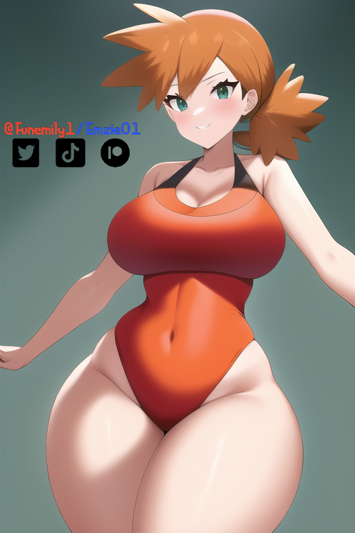 1girls ai_generated alternate_breast_size female female_only funemily1 green_eyes kasumi_(pokemon) large_breasts nai_diffusion orange_hair pokemon red_swimsuit smile solo stable_diffusion swimsuit tagme thick_thighs watermark wide_hips