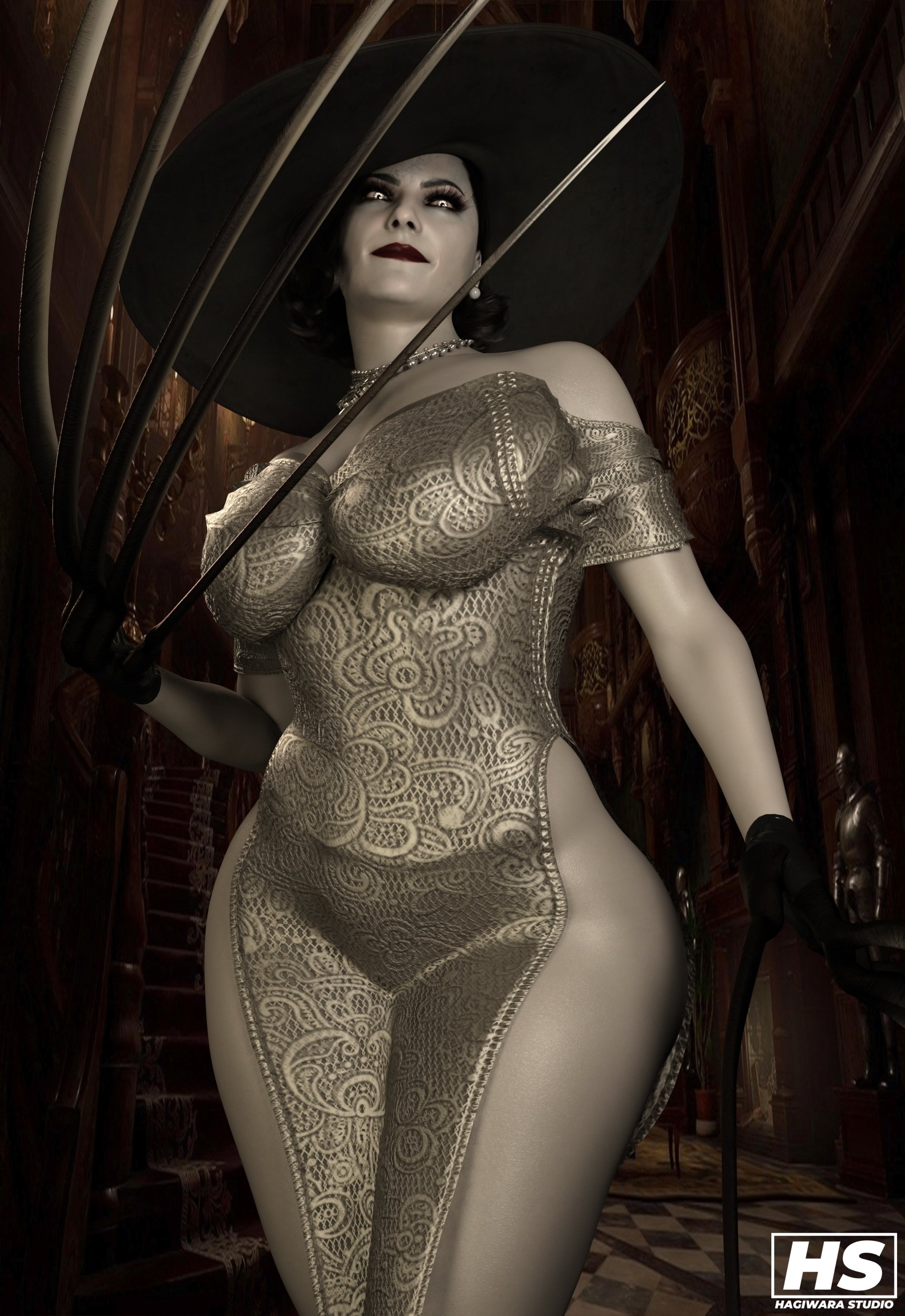 1girls, 3d, alcina dimitrescu, big breasts, breasts, capcom, claws, cleavage, dress, female, female only, hagiwara studio, light skin, light-skinned female, pale skin, pale-skinned female, resident evil, resident evil 8: village, solo, thick thighs, vampire, wide hips