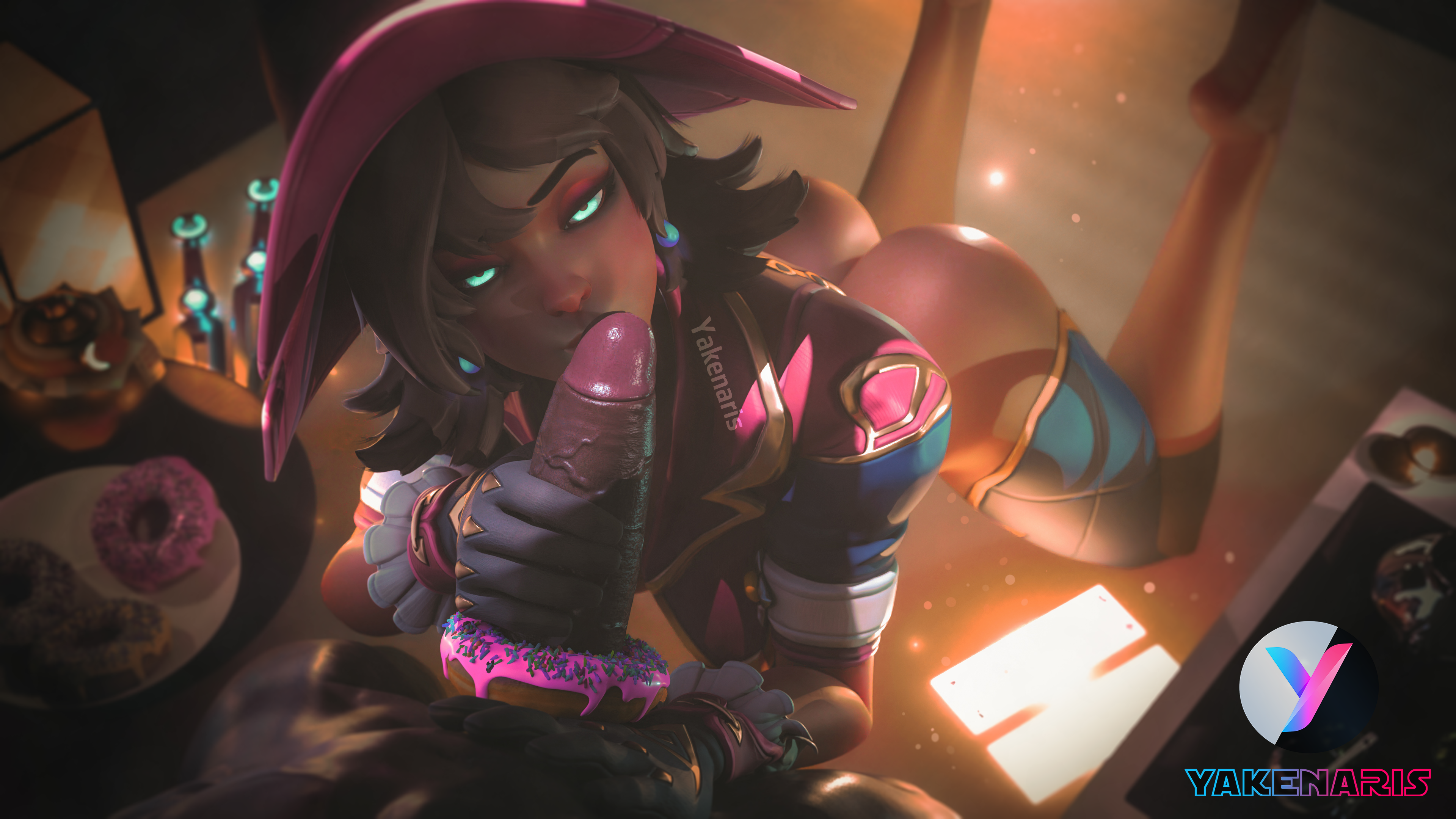 1boy, 1girls, 3d, ass, ass up, black penis, blizzard entertainment, cock ring, dark skin, dark-skinned male, donut, doughnut, female, food, human, interracial, kiriko (overwatch), kiriko kamori, legs up, light skin, light-skinned female, looking at viewer, male, overwatch, overwatch 2, pale skin, penis, unseen male face, witch, witch kiriko, yakenaris