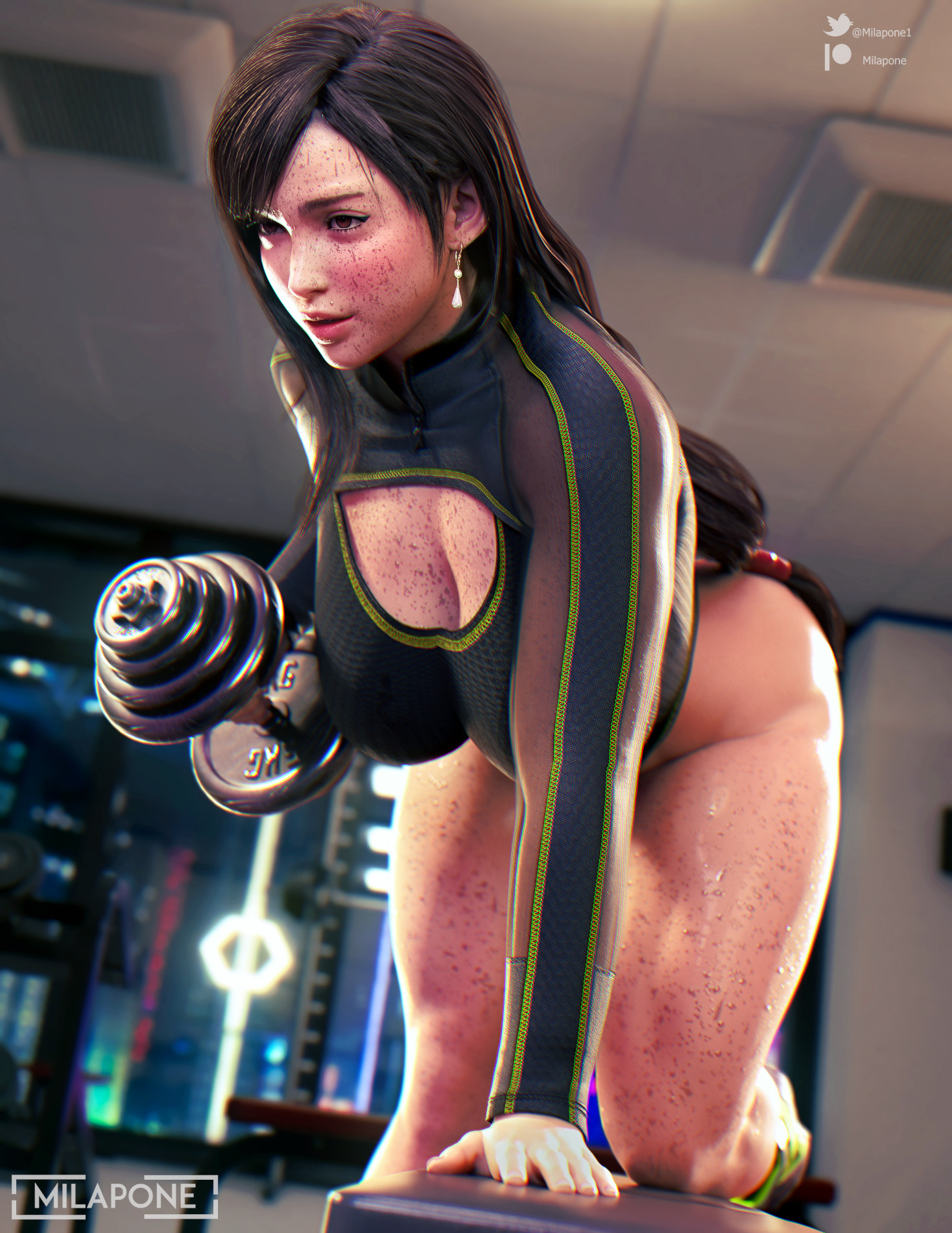 1girls, 3d, ass, big breasts, black hair, breasts, cleavage, female, female only, final fantasy, final fantasy vii, lifting, milapone, red eyes, thick thighs, tifa lockhart, weightlifting, working out, workout