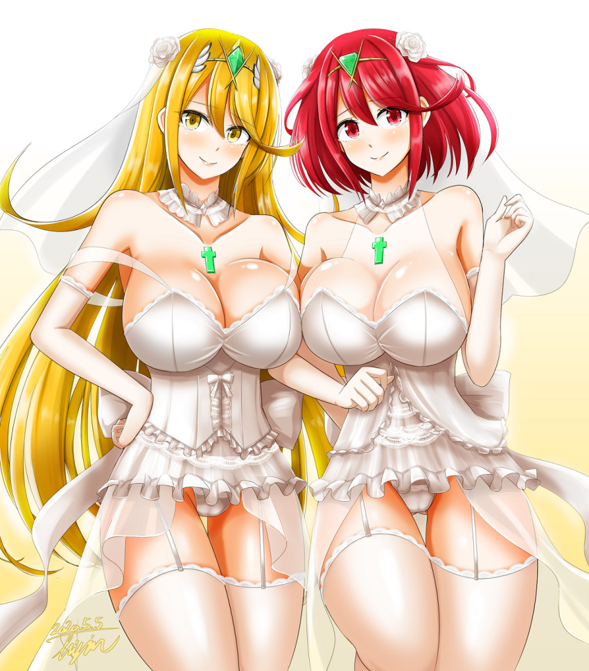 2girls blonde_hair breasts bridal_veil bride core_crystal corset detached_collar dress garter_straps gloves hisin large_breasts long_hair multiple_girls mythra nintendo panties pyra red_eyes red_hair short_hair thighhighs tiara veil wedding_dress white_corset white_dress white_panties wife_and_wife xenoblade_(series) xenoblade_chronicles_2 yellow_eyes