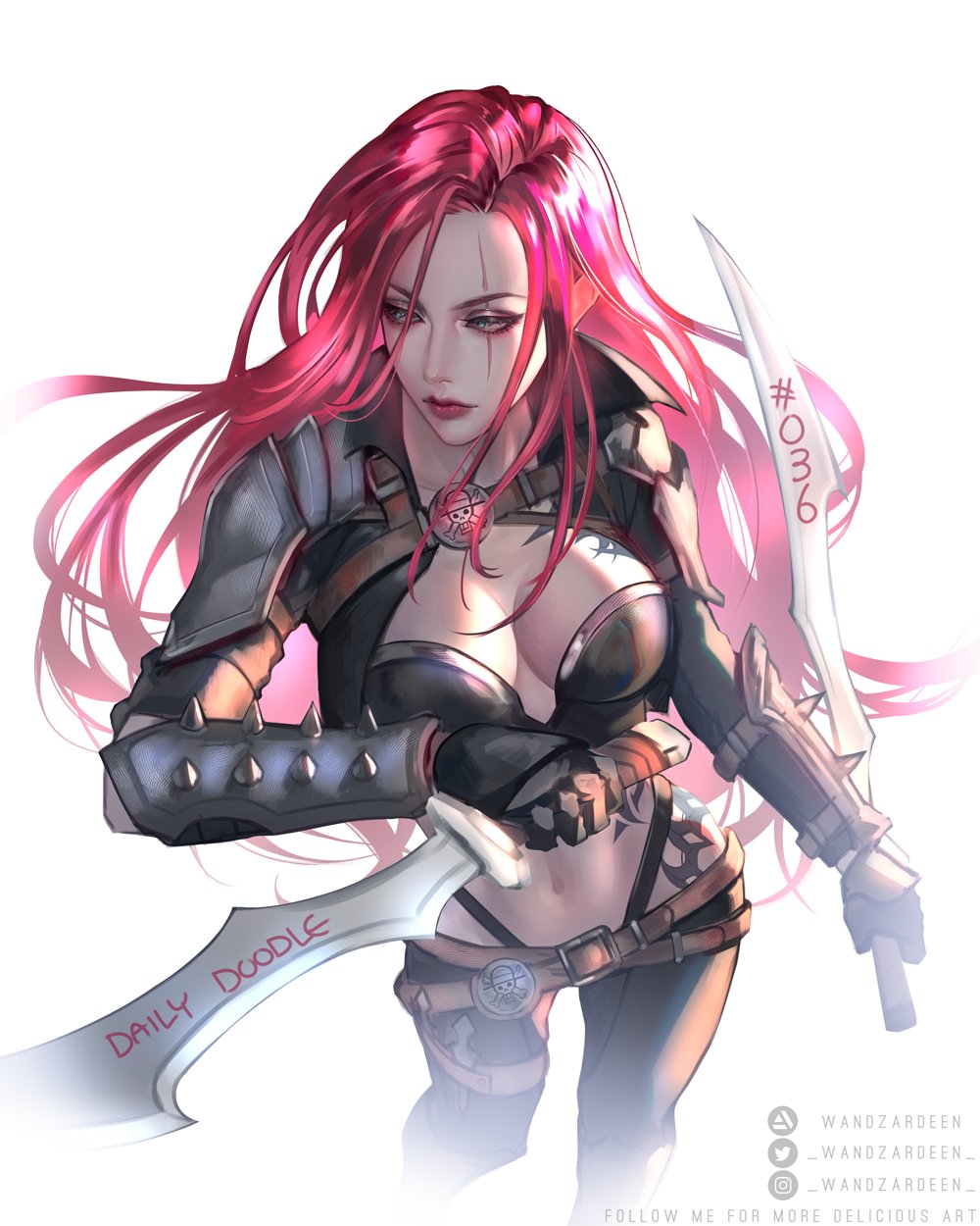 1girls big_breasts cleavage female female_only katarina_du_couteau league_of_legends light-skinned_female midriff navel red_hair sword wandzardeen weapon