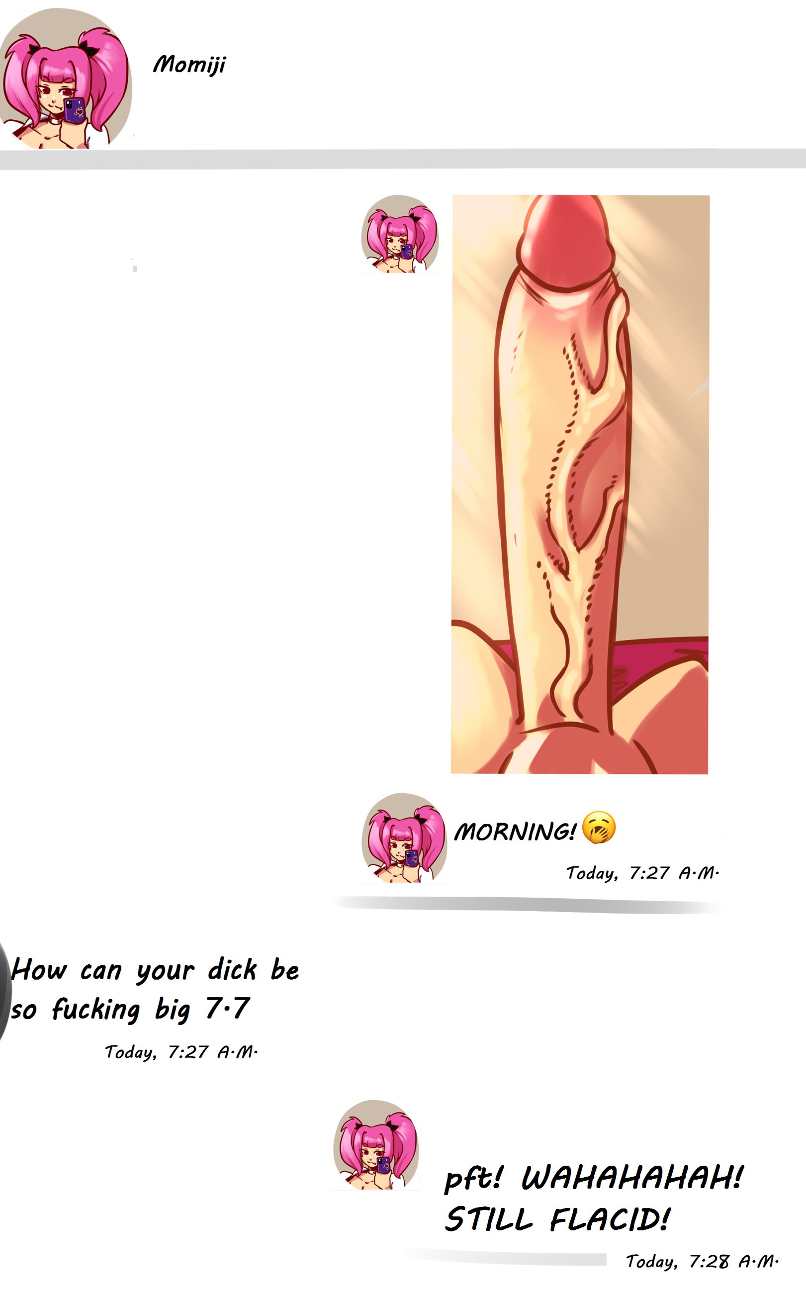 1futa, 1girls, big penis, chat, female, flaccid, futanari, huge cock, huge penis, hyper, hyper penis, intersex, momiji (schnauzercito), morning wood, original, original character, penis, penis awe, penis longer than knee, penis size talk, schnauzercito, sexting, size talk, tagme, talking, text, uncensored