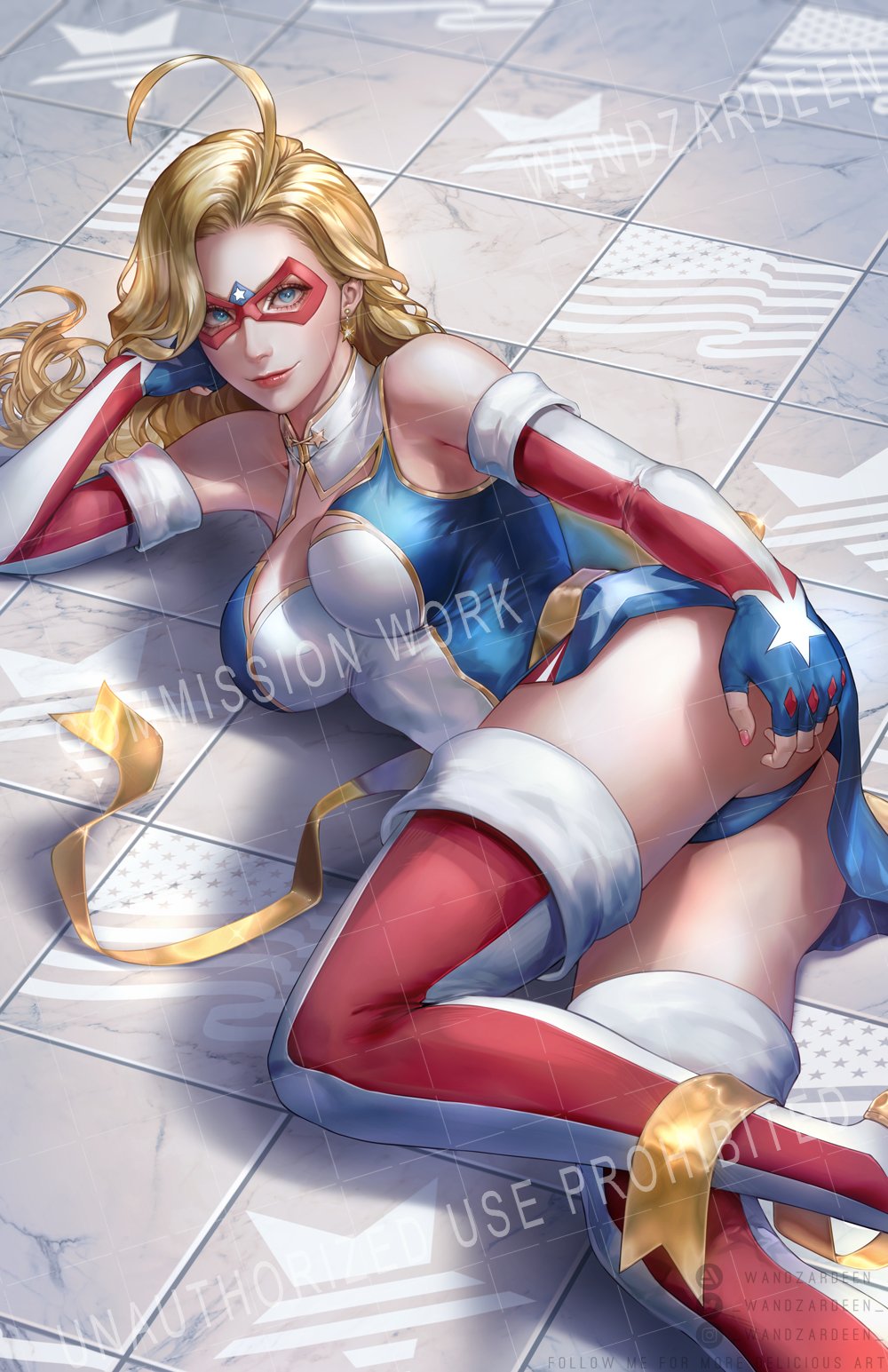 1girls big_ass big_breasts blonde_hair charlotte_vanders female female_only kamen_america kamen_america_(character) kamen_america_(series) light-skinned_female lying_down wandzardeen