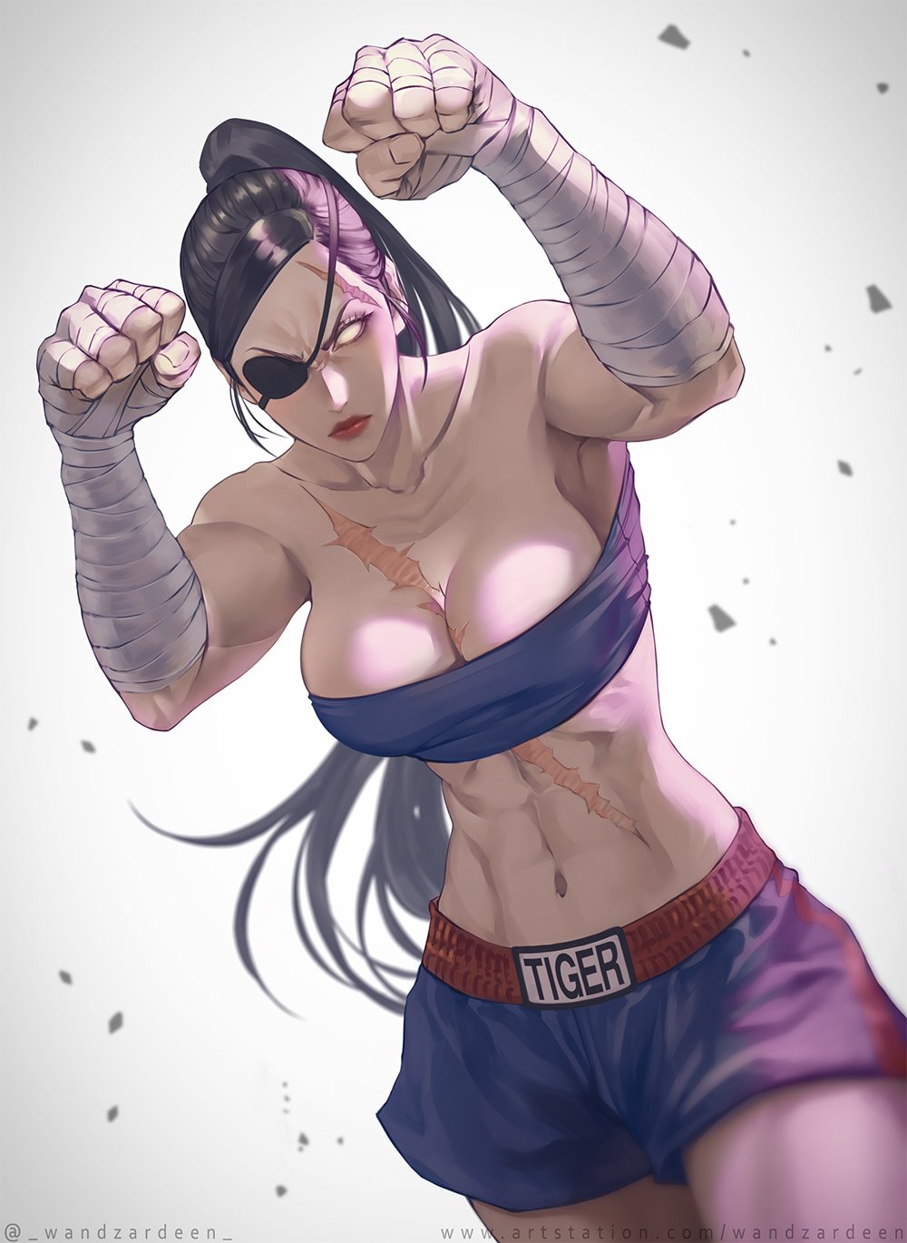 1girls abs big_breasts capcom cleavage eye_patch female female_only fully_clothed genderswap_(mtf) light-skinned_female midriff muscular muscular_female navel rule_63 sagat solo street_fighter wandzardeen