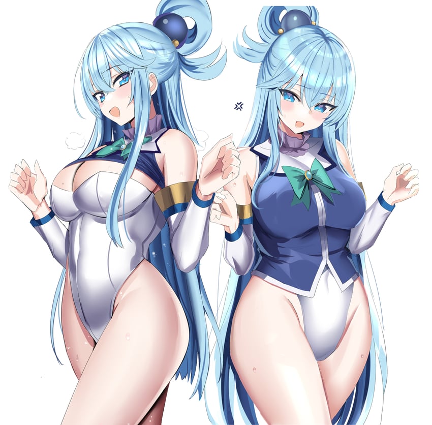 1girls absurdres aqua_(konosuba) bangs bare_shoulders blue_eyes blue_hair blue_shirt blush bow breasts detached_sleeves female female_only green_bow hair_between_eyes hair_ornament hair_rings hanasaka_houcha highres kono_subarashii_sekai_ni_shukufuku_wo! large_breasts leotard leotard_under_clothes long_hair looking_at_viewer open_mouth shirt sleeveless sleeveless_shirt solo strapless strapless_leotard sweat thighs very_long_hair white_background white_leotard