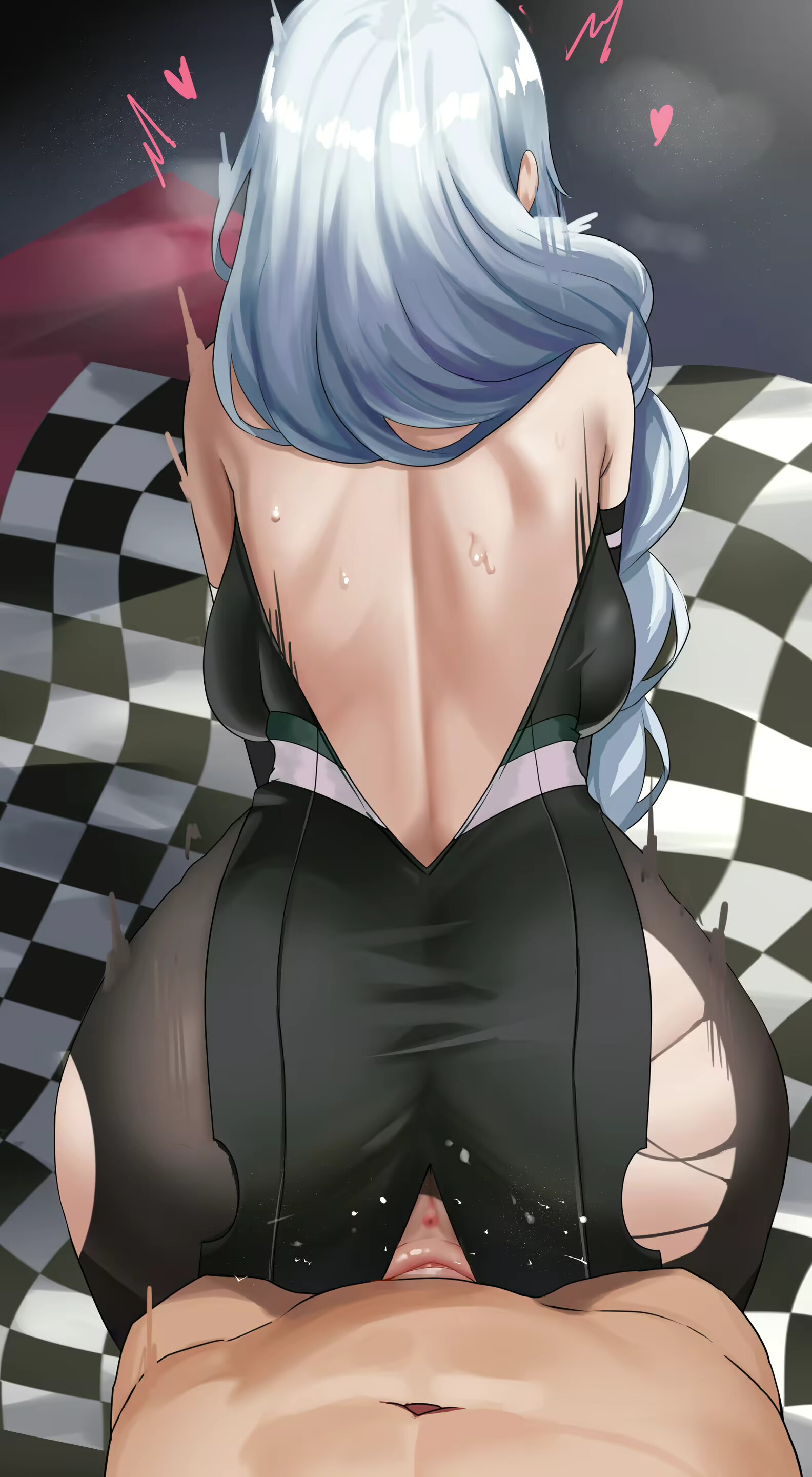 1boy, 1girls, anus, ass, bent over, big ass, bodysuit, curvy, female, from behind, genshin impact, light skin, light-skinned female, light-skinned male, long hair, male, penetration, piukute062, pov, race queen, sex, shenhe (genshin impact), torn bodysuit, white hair, wide hips
