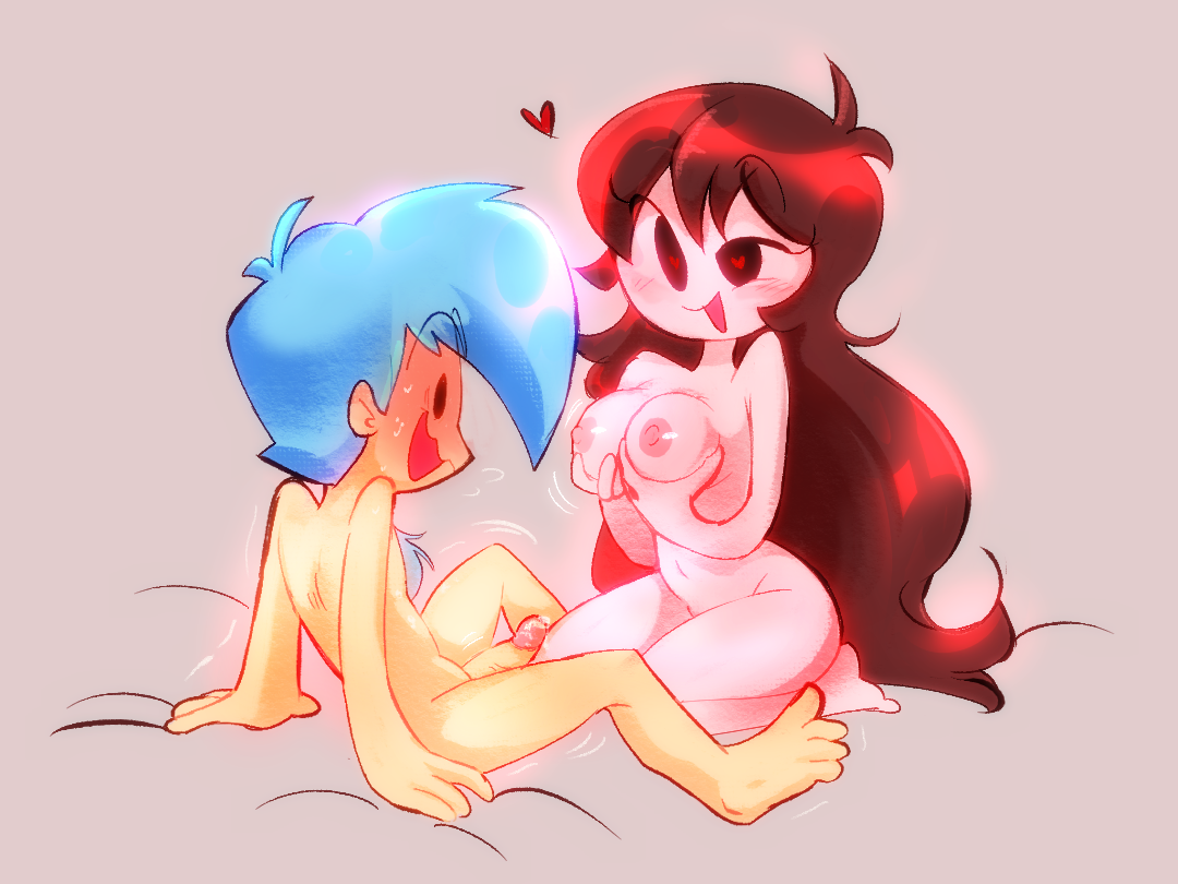 1boy, 1girls, areolae, barefoot, big breasts, blue hair, blush, boyfriend (friday night funkin), breasts, completely nude, couple, cum, cute, female, friday night funkin, full body, girlfriend (friday night funkin), grabbing own breast, hairy chest, heart, heart-shaped pupils, holding breasts, long hair, male, male and female focus, mob face, naked, naked female, nipples, nude, nude female, on bed, penis, purplebeart, shaking, small penis, smile, straight, sweat, teenager, thick thighs, uncensored, wholesome