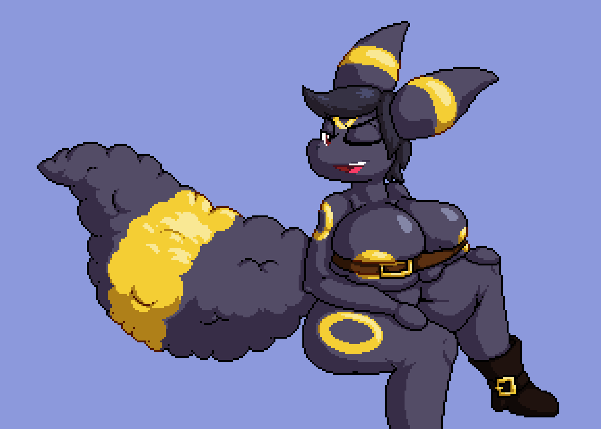 1girls alternate_version_available areolae asking_for_it barely_clothed barely_contained belt big_breasts boots bursting_breasts cleavage cleavage_overflow covered_nipples covering_crotch eeveelution fan_character fluffy_tail hair hands_on_knees huge_breasts isagoodfriend looking_at_viewer oc pixel_art pokémon_(species) pokemon puffy_tail sitting smirk solo thick_thighs thighs three-quarter_portrait tits umbreon wink winking