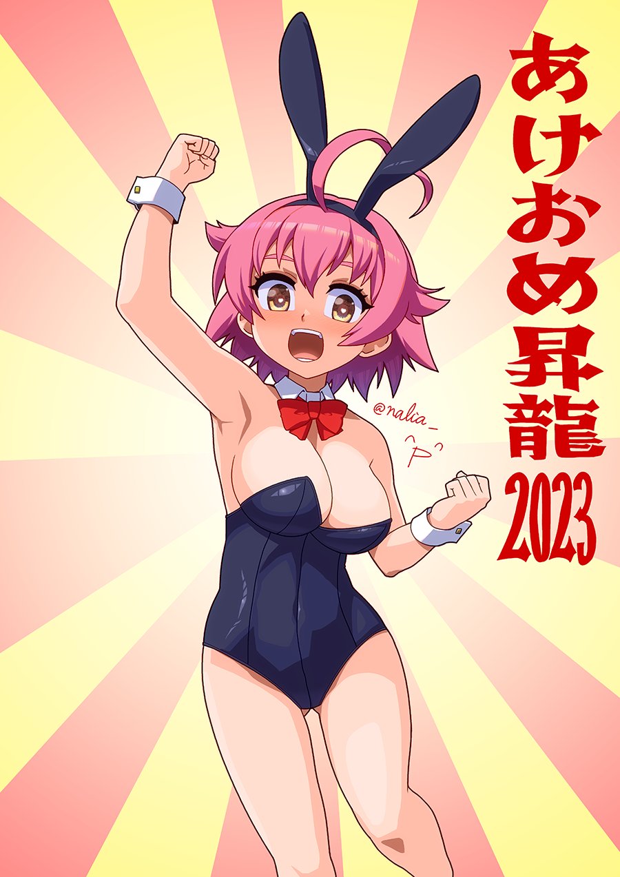 1girls ahoge aino_heart arcana_heart arm_up armpits big_breasts blush breasts busty cleavage female female_only heart heart_ahoge highres large_breasts legs leotard looking_at_viewer nalia open_mouth pink_hair playboy_bunny rabbit_ears short_hair smile solo thighs voluptuous yellow_eyes