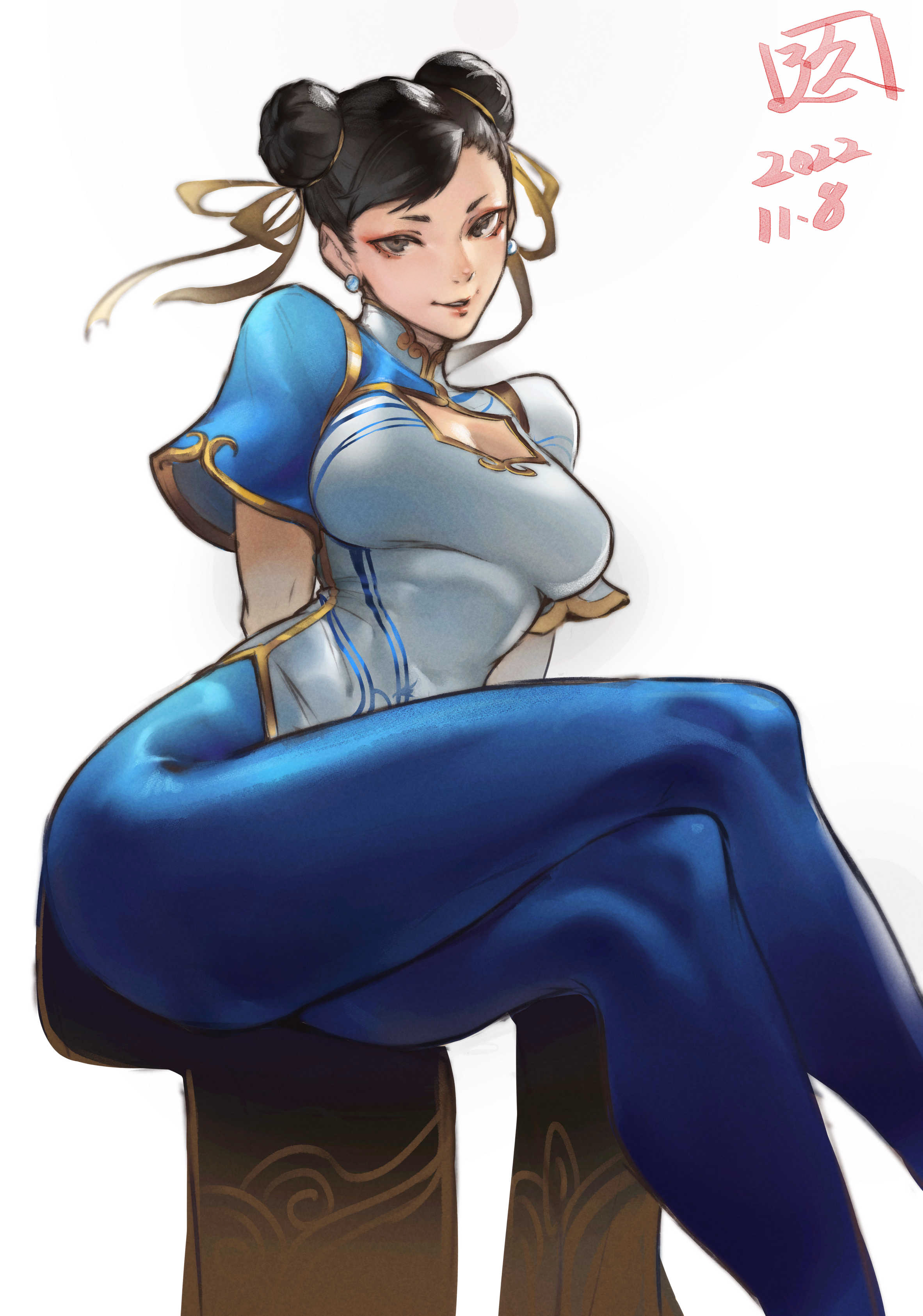 1girls, artist logo, black hair, capcom, chinese clothes, chun-li, crossed legs, female, female only, fully clothed, hair bun, hair buns, juaagacgy, kyuuakaku, looking at viewer, sitting, smiling, smiling at viewer, solo, street fighter, street fighter 6, thighs, very high resolution, white background
