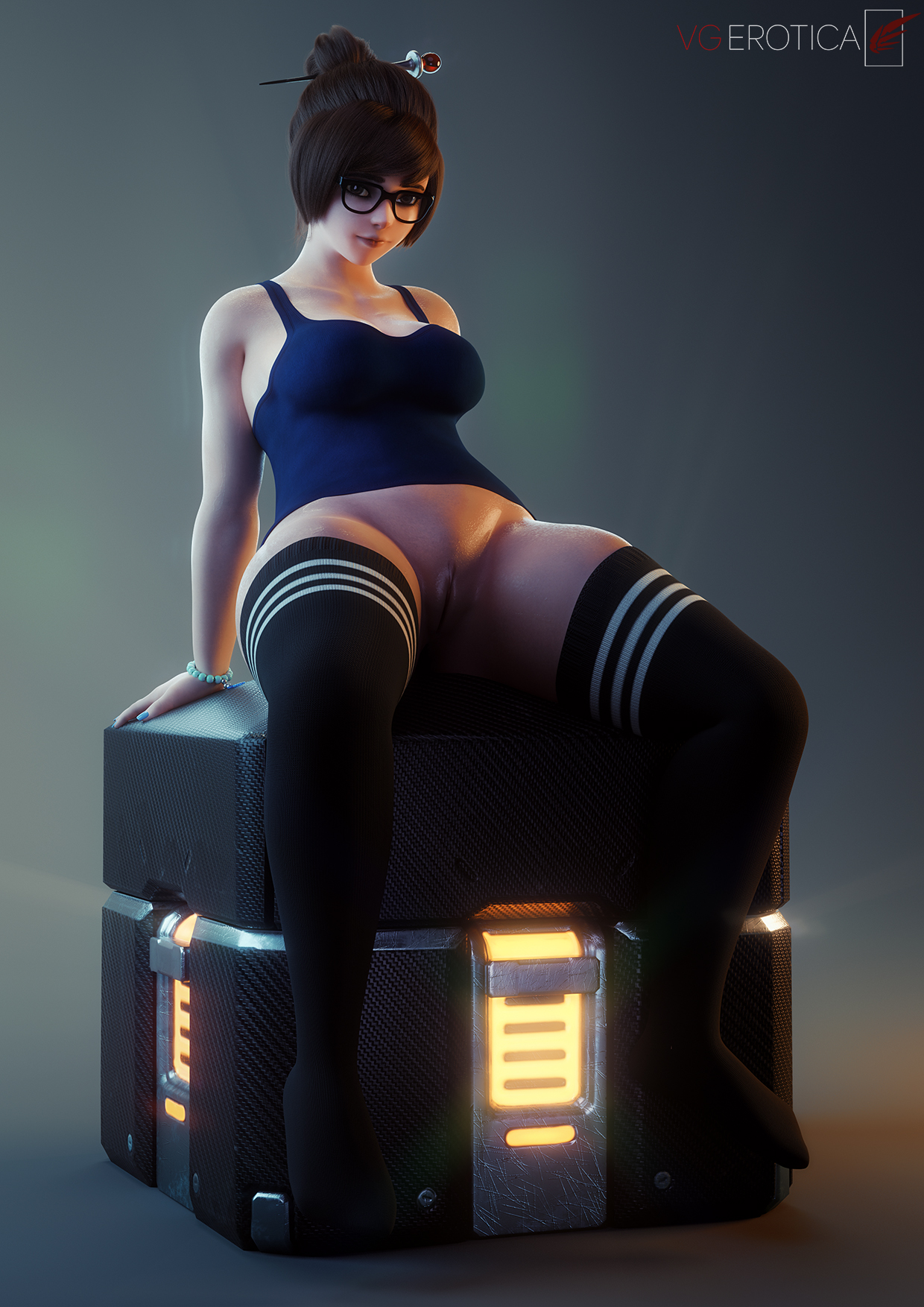 1girls, 3d, asian, asian female, black legwear, blender, blizzard entertainment, bottomless, breasts, brown hair, clothed, clothing, eyewear, female, female focus, female only, glasses, glassesbreasts, half naked, half-dressed, legwear, light skin, light-skinned female, looking at viewer, lootbox, mei (overwatch), overwatch, overwatch 2, pussy, shirt, sitting, solo, spread legs, stockings, thick thighs, topwear, vagina, vgerotica, watermark, wide hips