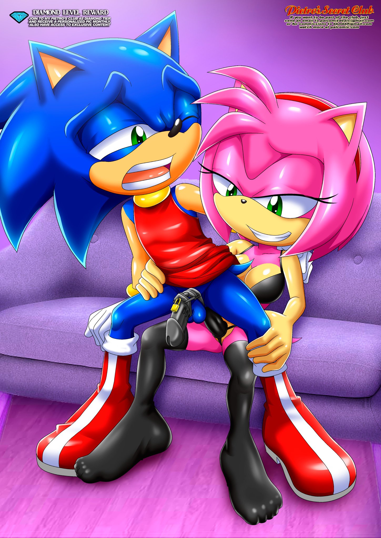amy rose, amy rose (cosplay), anal, anal sex, anthro, balls, bbmbbf, bra, chastity, chastity cage, couch, couch sex, crossdressing, diamond level, duo, female, female on male, female penetrating male, femboy, latex, latex thighhighs, male, male/female, mobius unleashed, palcomix, partially nude, pegging, penetration, penis, pietros secret club, red dress, robot penis, sega, sex, sex toy, sitting on lap, sitting position, sofa, sonic (series), sonic the hedgehog, sonic the hedgehog (series), straight, strap-on, strapon, testicles