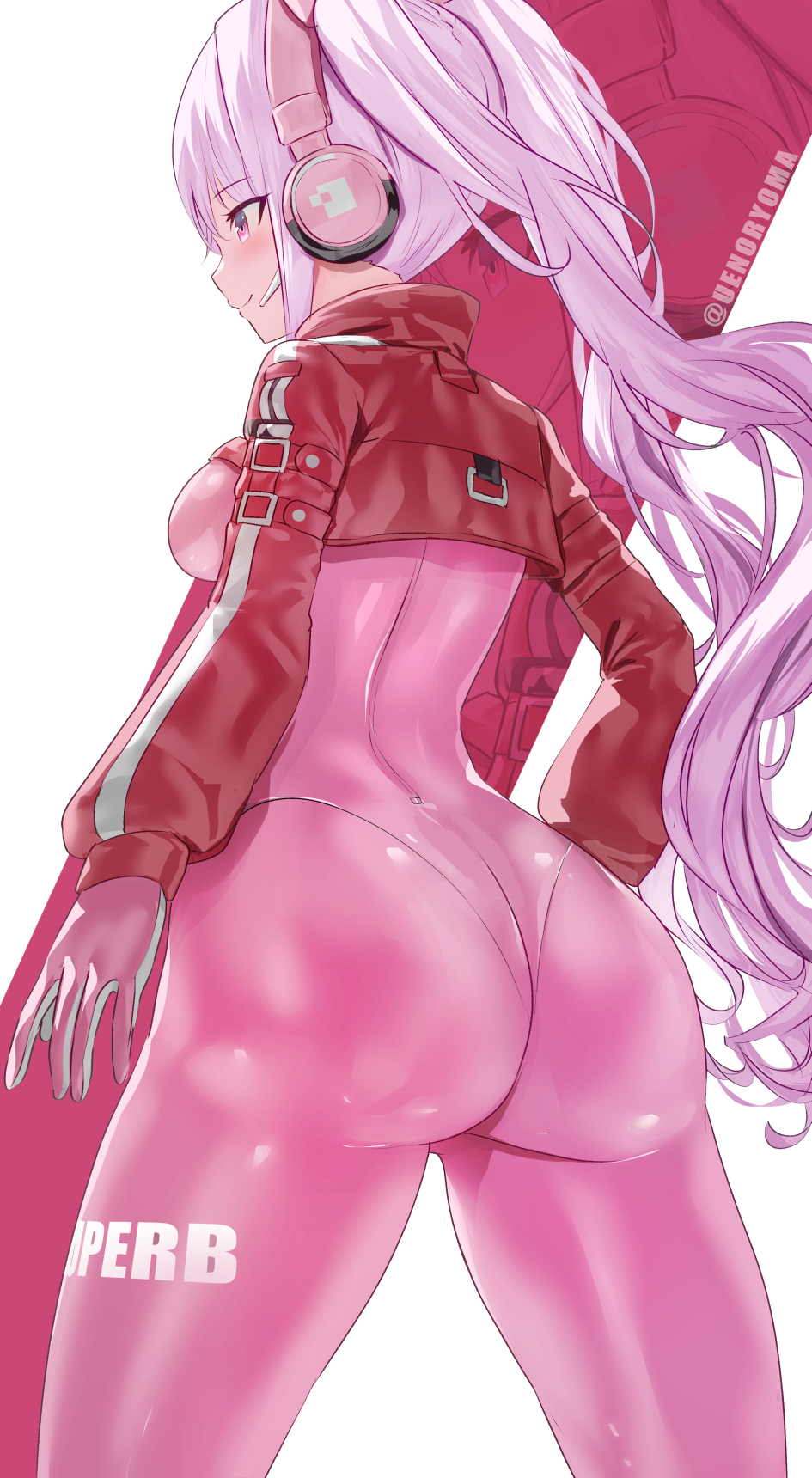 alice_(nikke) ass back bangs big_ass big_butt blush bodysuit breasts cropped_jacket female gloves goddess_of_victory:_nikke headphones highres jacket large_ass latex latex_bodysuit light-skinned_female long_hair long_sleeves medium_breasts nice_ass pink_bodysuit pink_eyes pink_gloves pink_hair pink_outfit red_jacket sidelocks skin_tight smile solo solo_female thighs twintails uenoryoma