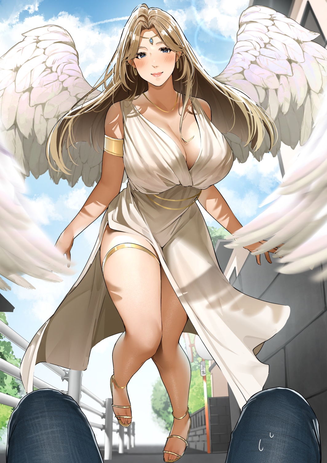 1boy, 1girls, armlet, blonde hair, blue eyes, blue sky, blush, breasts, cleavage, day, dress, earrings, feathered wings, female, forehead jewel, goddess, highres, huge breasts, jewelry, light skin, light-skinned female, long hair, male, mature female, original, original character, outdoors, pov, sakuranotomoruhie, sky, sleeveless, smile, solo focus, thighlet, thighs, white dress, white wings, wings