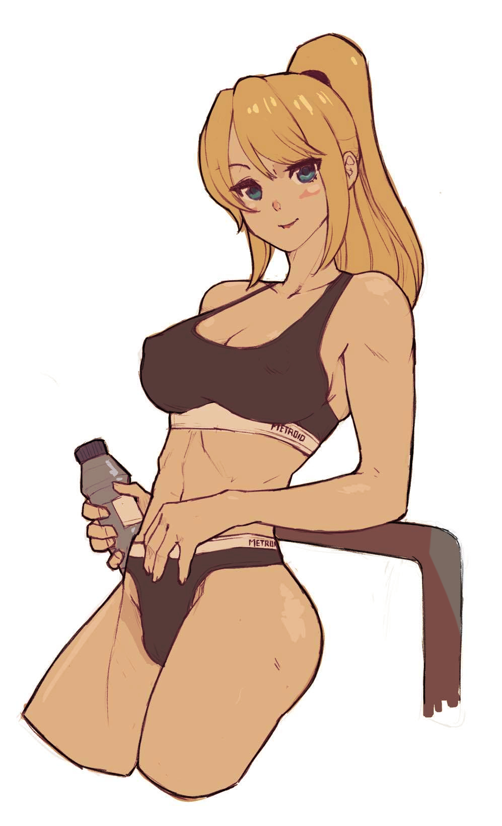 1girls abs babus_games bangs bare_arms black_bra black_underwear blonde_female blonde_hair blue_eyes blush blush_lines blushing blushing_at_viewer bottle bra cleavage cowboy_shot cropped_legs female female_focus female_only fit_female holding holding_bottle holding_object leaning_on_rail light-skinned_female light_skin long_hair looking_at_viewer medium_breasts metroid midriff muscles muscular muscular_female only_female ponytail samus_aran sideboob sidelocks simple_background smile smiling smiling_at_viewer solo solo_female solo_focus sports_bra sportswear toned underwear white_background