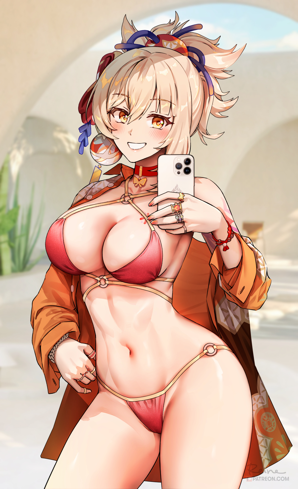 1girls, bikini, blonde hair, breasts, female, foxy rain (foxyreine), foxyrain (foxyreine), foxyreine, genshin impact, gold eyes, grin, huge breasts, long hair, red bikini, selfie, smile, tattoo, yoimiya (genshin impact)