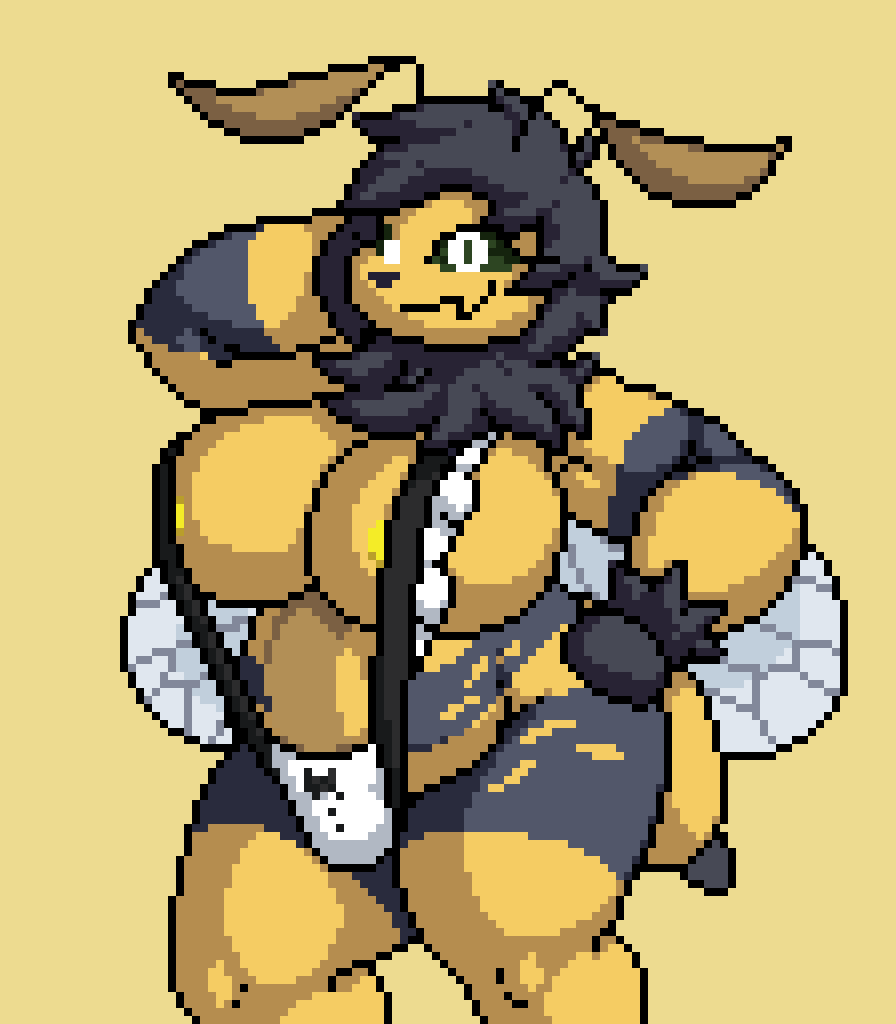 1girls anthro areola_slip areolae bbw bee bee_girl belly big_breasts big_breasts bikini breasts breasts bumblebee cleavage fan_character flesh_fang hand_behind_head hand_on_hip insects isagoodfriend looking_at_viewer oc pixel_art sideboob sling_bikini smile solo thick_thighs thighs three-quarter_portrait tummy venus_body