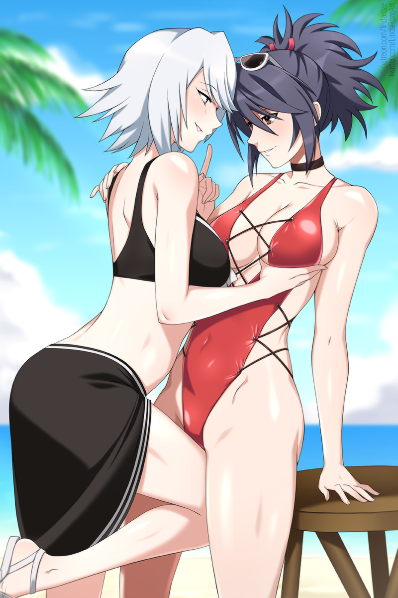 2girls bangs bare_shoulders belly_button big_breasts bikini black_bikini black_hair blue_sky blurry blurry_background blush blush_lines blushing breast_grab breasts brown_eyes choker cloud clouds collarbone covered_navel day eye_contact eyewear_on_head from_side grabbing grabbing_breasts grey_hair groin hair_between_eyes hand_on_another's_shoulder hi_res high_resolution highres hip_bones horizon index_finger_raised large_breasts leg_between_thighs light-skinned_female light_skin lindaroze looking_at_another multiple_girls ocean official_alternate_costume one-piece_swimsuit outdoors palm_leaf parted_lips patreon_username profile raine_sage red_one-piece_swimsuit sandals sheena_fujibayashi shiny shiny_hair shiny_skin short_hair shoulder_blades sky smile standing standing_on_one_leg stomach stool sunglasses swimsuit tales_of_(series) tales_of_symphonia thigh_against_crotch tree twisted_torso twitter_username water watermark web_address white-framed_eyewear white_footwear yuri