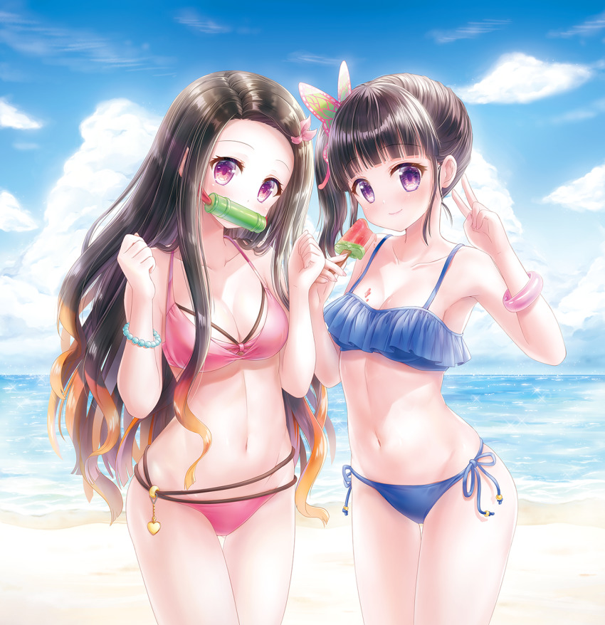 2girls adult_swim beach bikini bit_gag black_hair blue_bikini blue_swimsuit bracelet breasts clouds demon_slayer female female_only food gag gagged hair_ornament holding_ice_cream ice_cream ice_cream_on_breasts kamado_nezuko kimetsu_no_yaiba long_hair looking_at_viewer medium_breasts midriff mugenstudio multiple_girls navel ocean orange_highlights outside pink_bikini pink_eyes pink_swimsuit purple_eyes side-tie_bikini side-tie_swimsuit side_ponytail sky small_breasts swimsuit toonami tsuyuri_kanao water