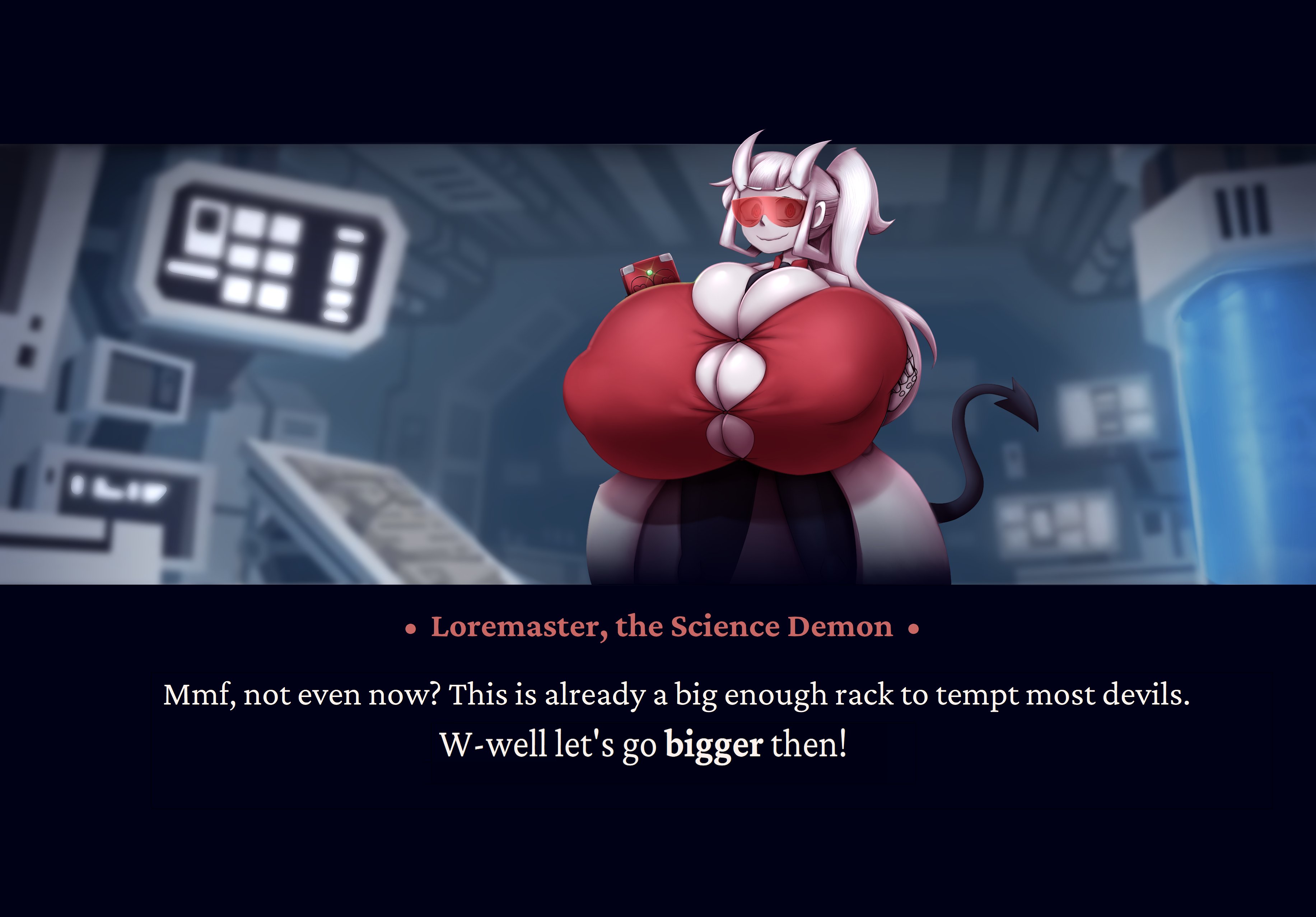 breast expansion, breast growth, breast growth (enlargement), breasts, breasts bigger than head, bursting out of clothing, busty, enjoying, female, helltaker, hyper, hyper breasts, loremaster (helltaker), metachoke, red-tinted eyewear, talking to viewer, tinted eyewear, visor, white hair