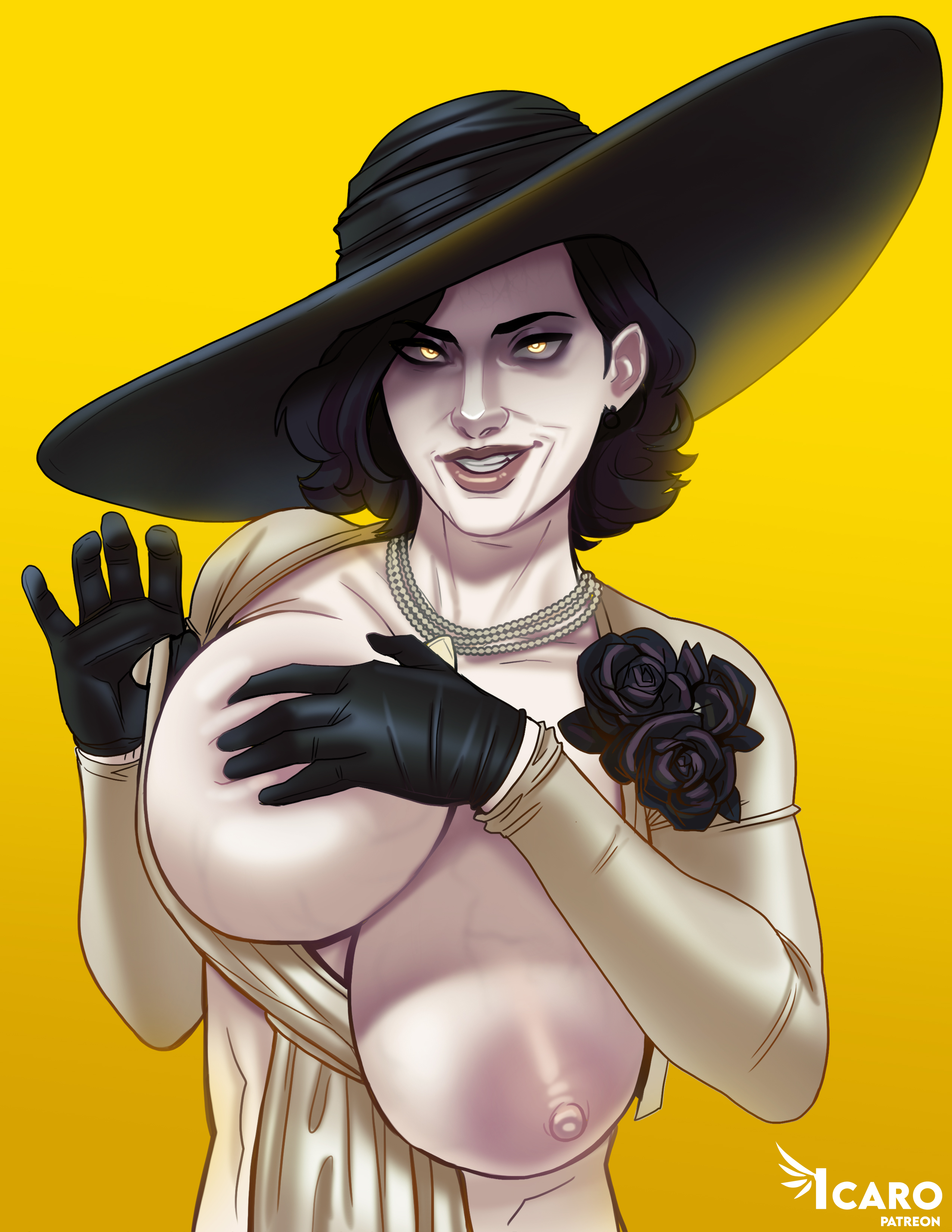 1girls, alcina dimitrescu, andava, areolae, big breasts, black hair, breasts, breasts out, capcom, clothes pull, covering breast, dress, female, female only, gloves, hat, icaroart, light skin, light-skinned female, looking at viewer, medium hair, nipples, pale skin, pale-skinned female, resident evil, resident evil 8: village, smiling at viewer, smug, solo, upper body, veiny breasts, very high resolution, yellow background, yellow eyes