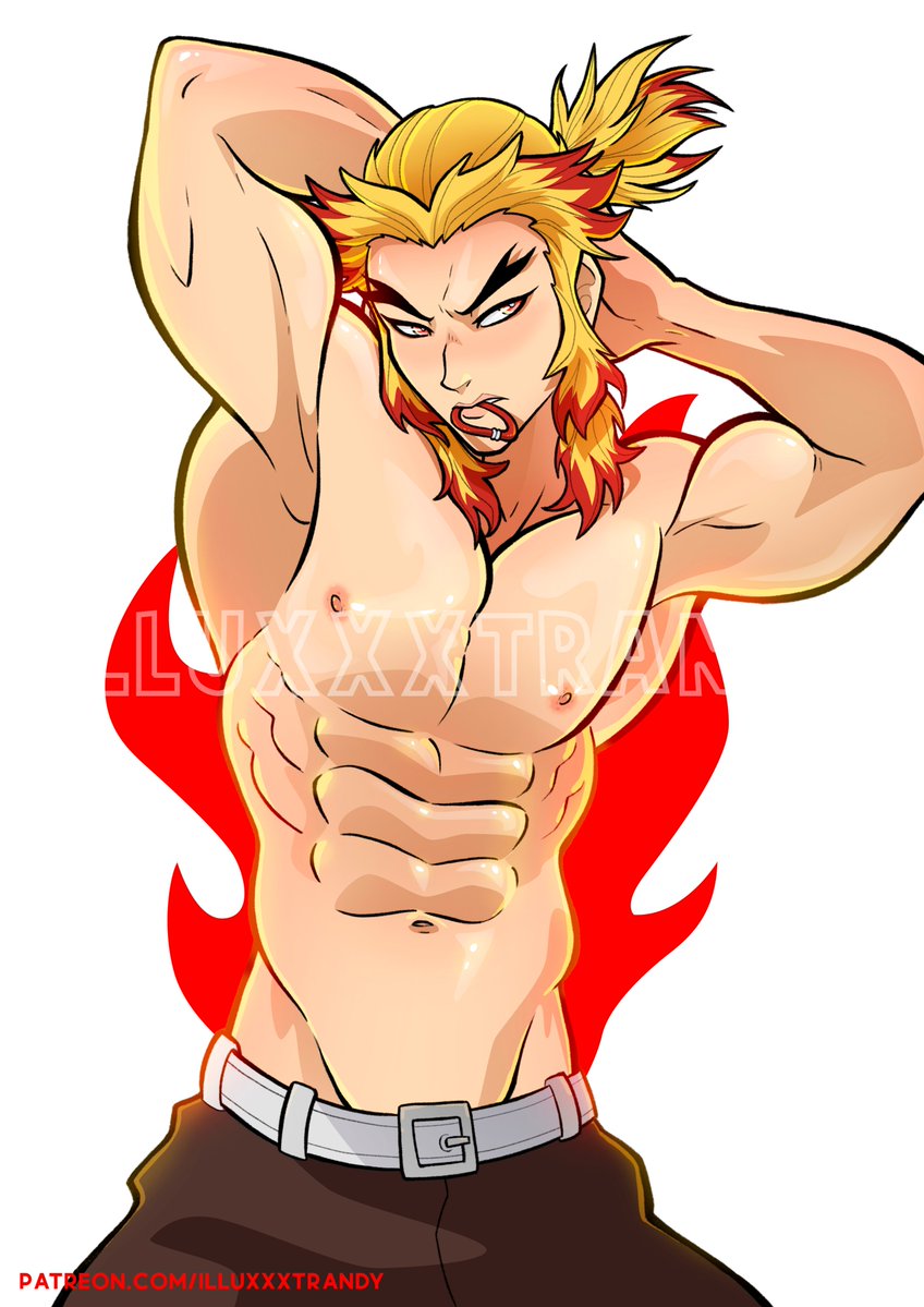 1boy abs armpits arms_up blonde_hair demon_slayer gay illuxxxtrandy kimetsu_no_yaiba long_hair_male male male_only muscular muscular_male pecs rengoku_kyoujurou solo thick_eyebrows tied_hair topless topless_male two_tone_hair tying_hair watermark