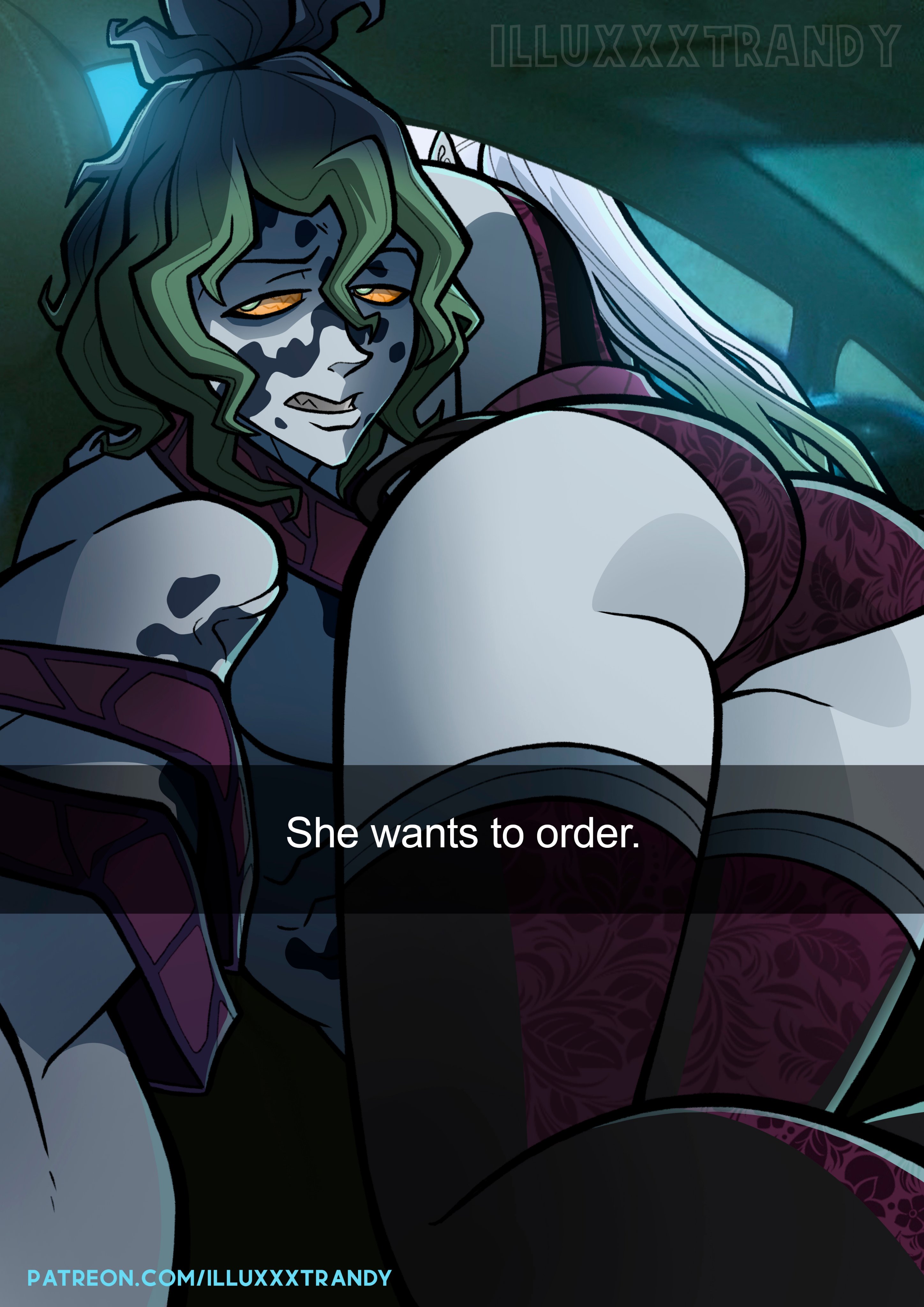 ass, bent over, big ass, black hair, body markings, brother and sister, daki (kimetsu no yaiba), demon, demon boy, demon girl, demon slayer, faceless female, facial markings, female, green hair, gyutaro, he wants to order, illuxxxtrandy, kimetsu no yaiba, light skin, light-skinned female, light-skinned male, male, meme, pale skin, pale-skinned female, pale-skinned male, panties, selfie, she wants to order, siblings, snapchat, tagme, text, thick thighs, thighhighs, white-skinned female, yellow sclera
