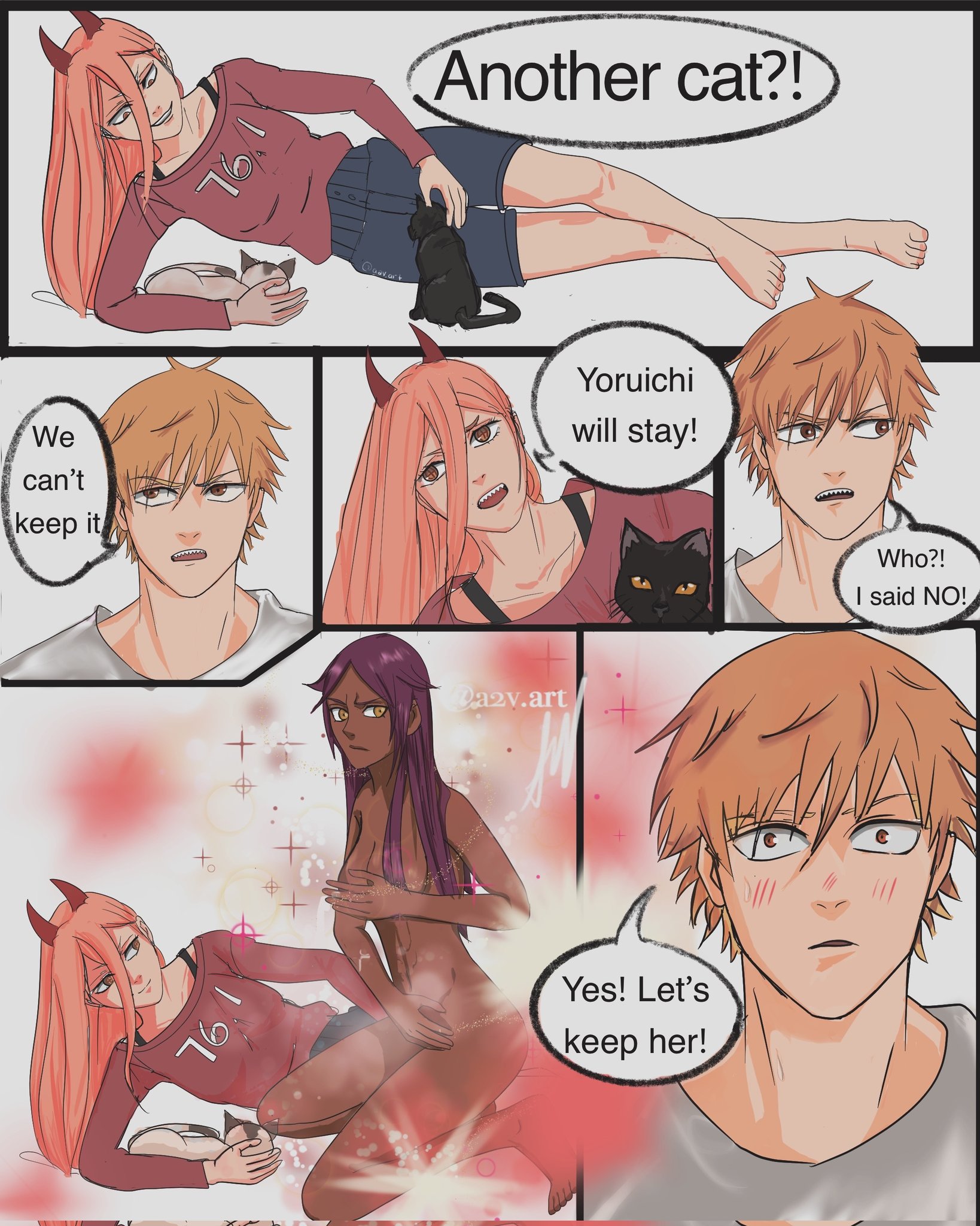 1boy, 2girls, an yelena, bleach, blonde hair, breasts, chainsaw man, covered nipples, covering breasts, crossover, dark skin, dark-skinned female, denji (chainsaw man), female, light skin, light-skinned female, male, meowy (chainsaw man), nude, nude female, power (chainsaw man), shihouin yoruichi, shounen jump