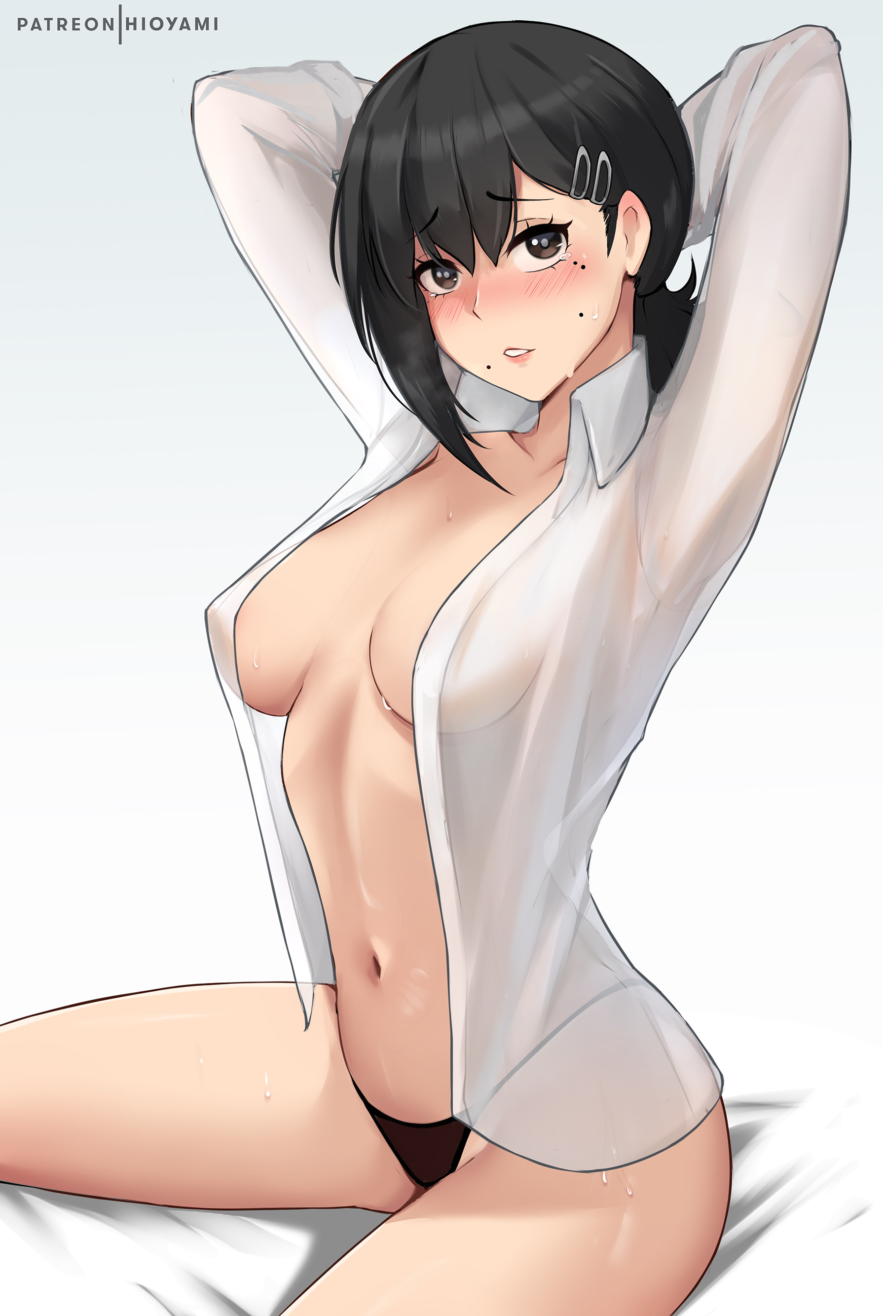 1girls, blush, breasts, chainsaw man, embarrassed, female, female only, higashiyama kobeni, hioyami, light skin, light-skinned female, open clothes, panties, see-through, see-through clothing, shounen jump