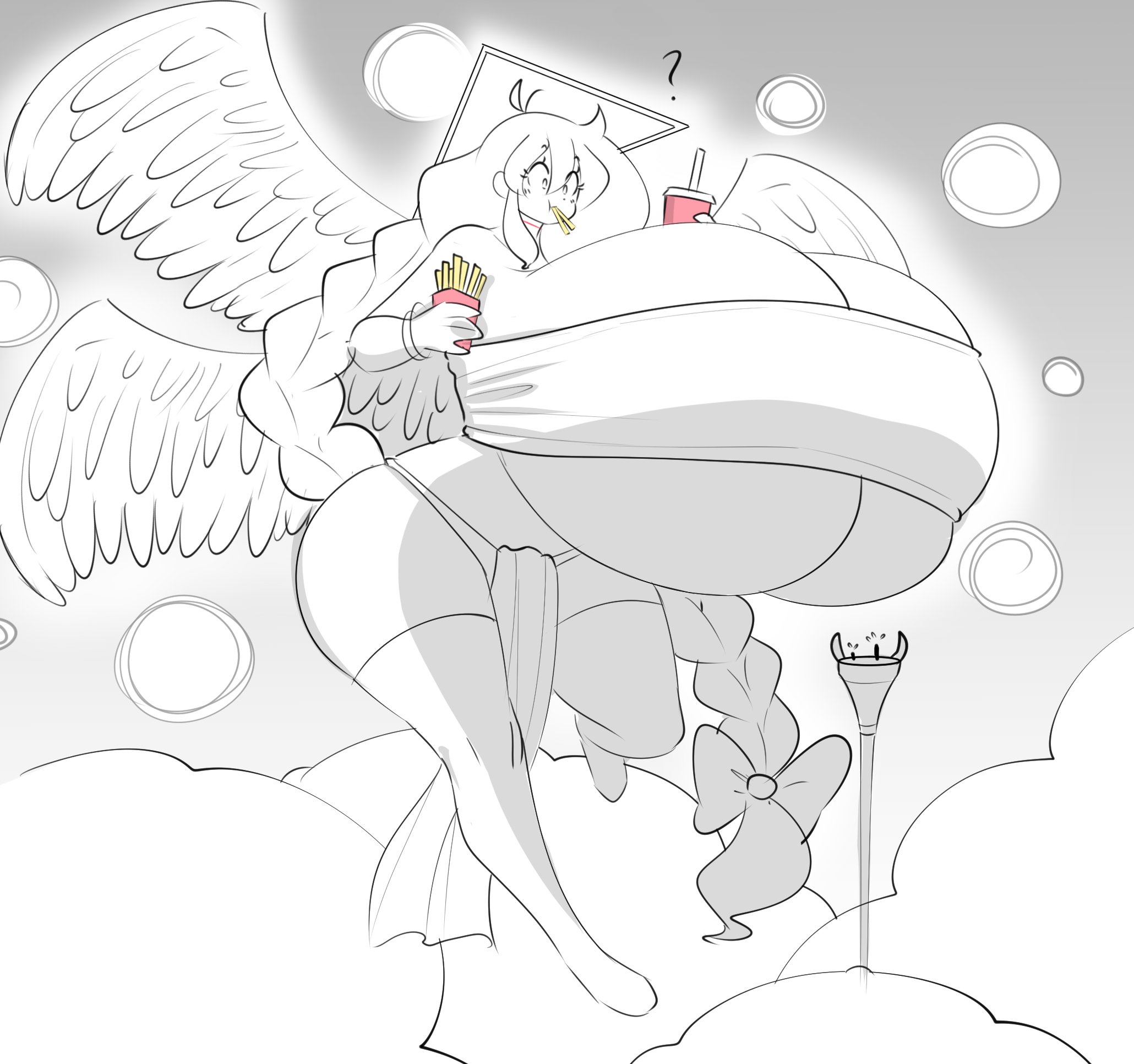 ?, 1girls, angel, ass, big ass, big breasts, braided hair, breasts, cassie (theycallhimcake), cleavage, eating, fat ass, female, female focus, female only, food, giant breasts, gigantic breasts, huge ass, huge breasts, hyper, hyper breasts, long hair, massive breasts, solo, theycallhimcake, thick ass, thick thighs, underboob, wide hips, wings
