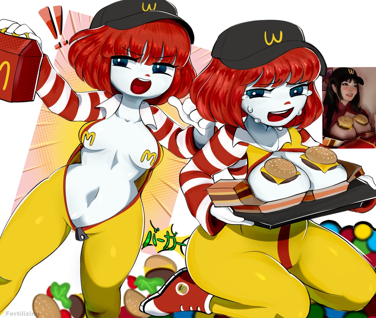 1girls big_breasts blue_eyes boob_burger breasts breasts_out burger cosplay female female_only fertilizing_(artist) hamburger happy_meal makeup mcdonald's red_hair red_nose reference_image ronald_mcdonald stripes white_skin your_order_is_ready_(meme)