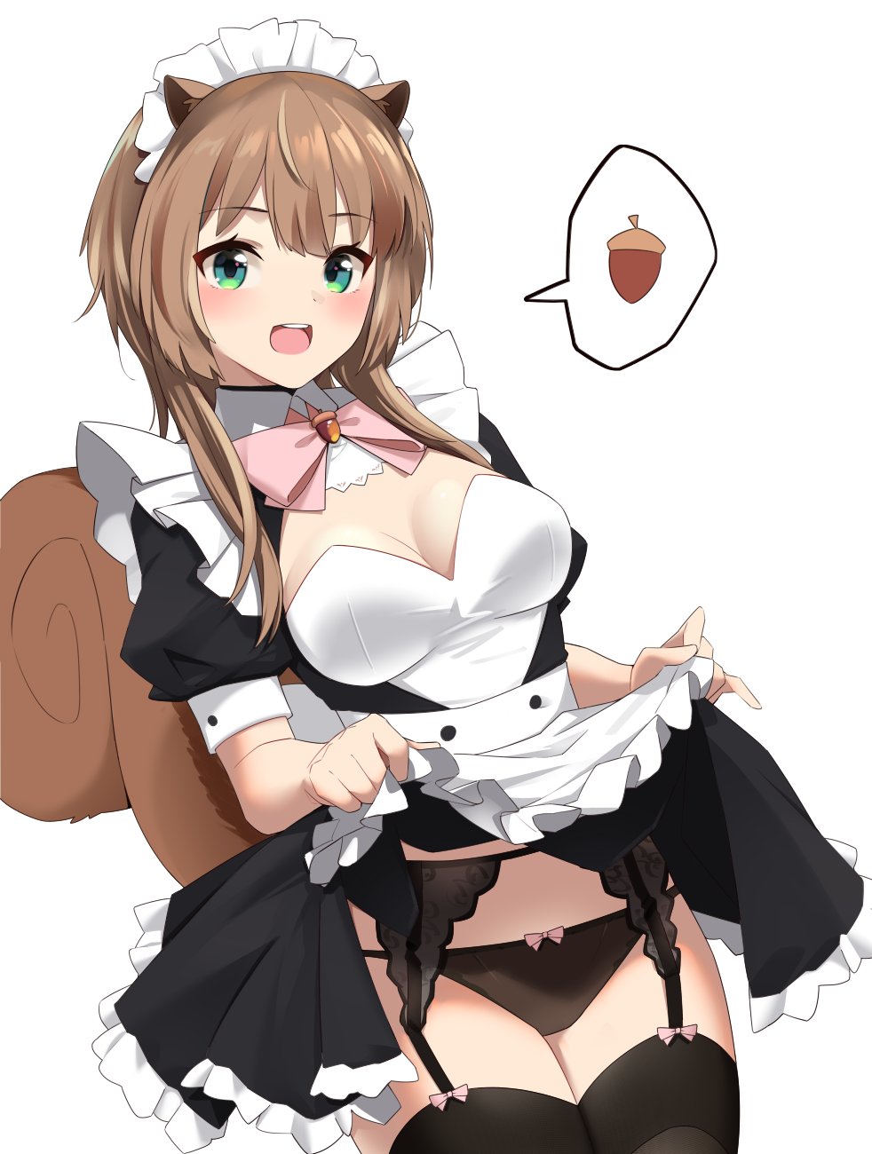 1girls animal_ears ayunda_risu black_panties blush bowtie brown_hair female garter_belt garter_belt_leggings garter_straps green_eyes hololive hololive_indonesia hololive_indonesia_area_15 maid maid_headdress maid_outfit maid_uniform mouth_open pink_bowtie showing_panties skirt_lift smile solo solo_female squirrel_ears squirrel_girl squirrel_tail tail thighs virtual_youtuber yuyu5x