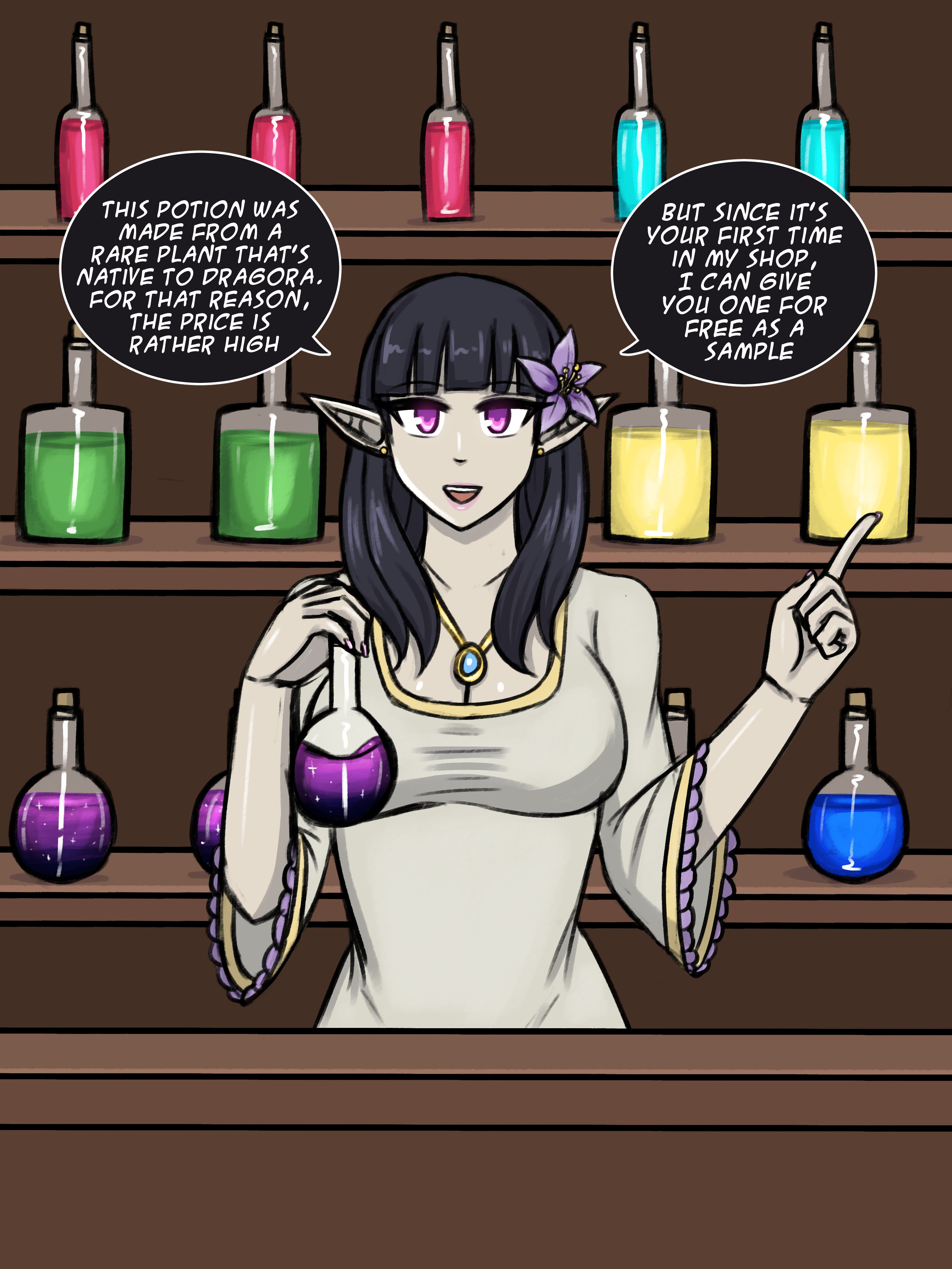 1futa, 2022, bangs, big breasts, black hair, breasts, clothed, clothing, dialogue, elf, english text, flower, flower in hair, fully clothed, futa only, futanari, humanoid, intersex, kandakatou, light skin, light-skinned futa, long hair, pointy ears, potion, solo, standing, text