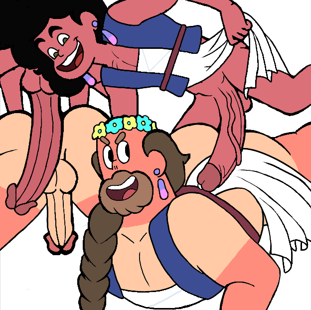 2boys balls big_ass big_penis black_hair boner braided_ponytail brown_hair dark_skin erection flowers_in_hair gay greg_universe human imminent_anal imminent_sex interracial iyumiblue loincloth_aside long_penis male male_only partially_clothed penis_size_difference steven_universe white_background wy-six_(steven_universe) zoomans