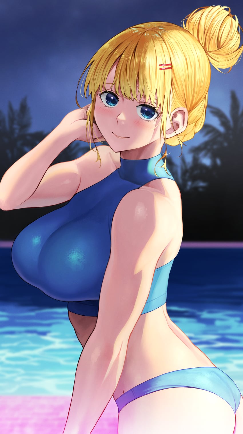 1girls, absurdres, alternate costume, alternate hairstyle, ass, bangs, bare arms, bare shoulders, big breasts, bikini, blonde hair, blue bikini, braid, breasts, covered collarbone, darkness (konosuba), female, from side, hair bun, hair ornament, hairclip, hand up, highres, izawa (bhive003), kono subarashii sekai ni shukufuku wo!, large breasts, night, outdoors, shiny, shiny hair, shiny skin, short hair, single hair bun, solo, swimsuit, tree, water