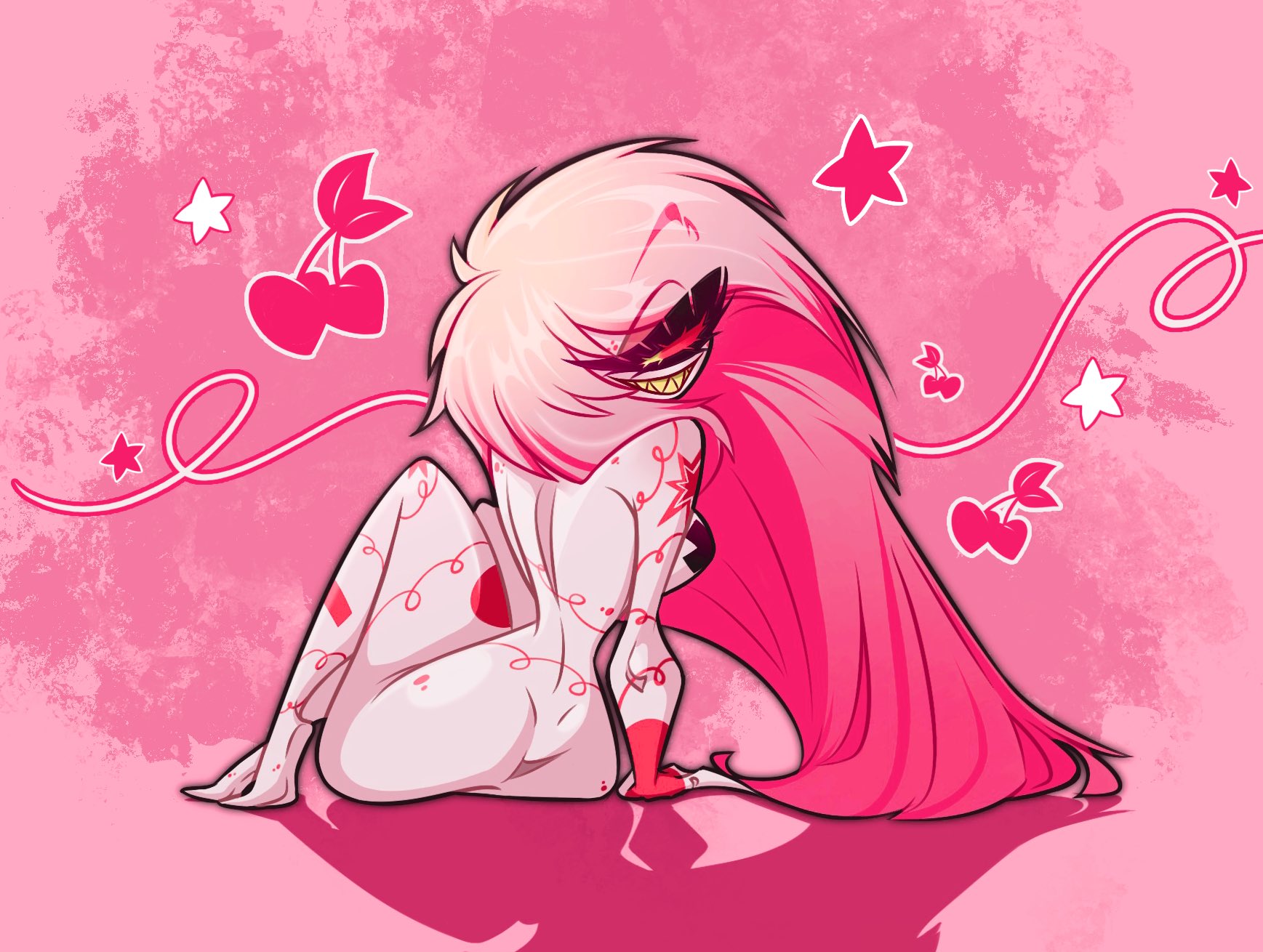 ass, backboob, barefoot, big ass, big butt, bottom heavy, breasts, cherri bomb, cherry, child bearing hips, cyclops, cycoriot, facing away, female, hazbin hotel, hourglass figure, huge ass, long hair, looking back at viewer, pink hair, sitting, solo, tattoo, tease, thick, thick thighs, vivienne medrano, wide hips