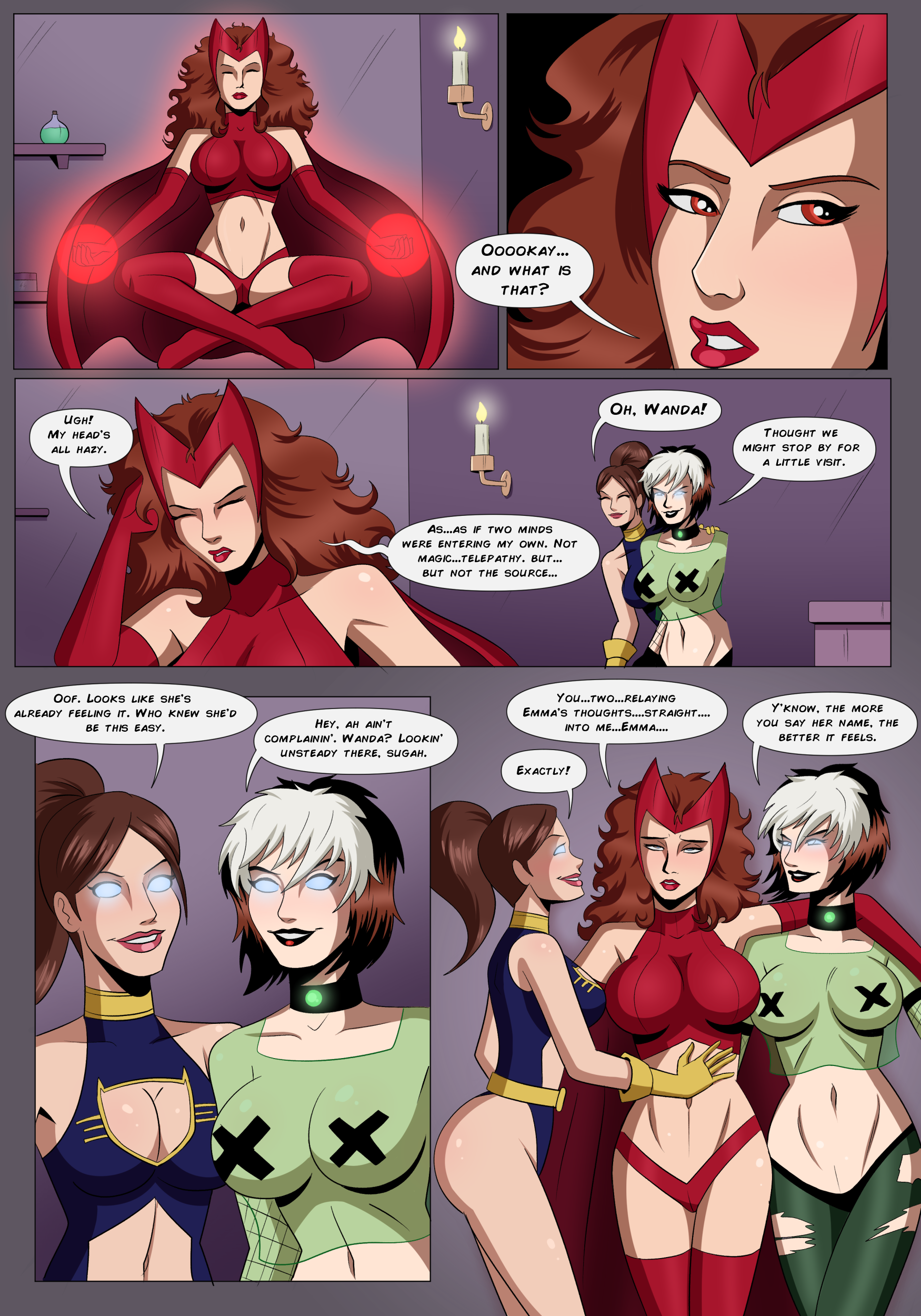 anna marie, blonde hair, blue eyes, breasts, brown eyes, brown hair, comic, comic page, female, female only, huge breasts, kitty pryde, marvel, marvel comics, polmanning, rogue (x-men), scarlet witch, shadowcat, wanda maximoff, x-men