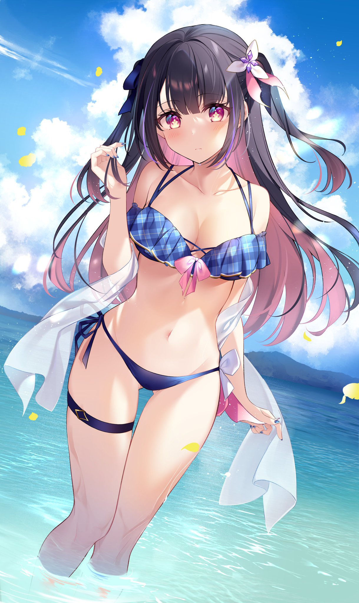 1girls bikini black_hair blue_nails blush clouds day female_only hair_ornament hina_misora kisaragi_yuri long_hair looking_at_viewer ocean official_art summer swimsuit thong_bikini two_tone_hair virtual_youtuber wactor wactor_es wactor_production water