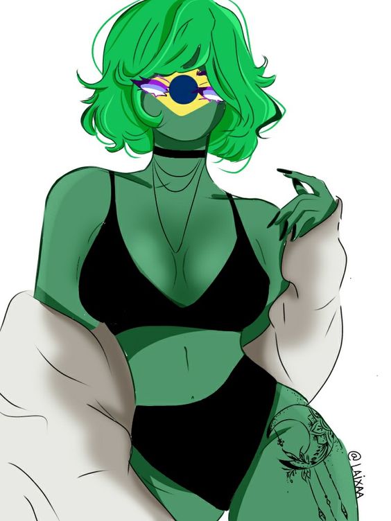 brazil (countryhumans), countryhumans, countryhumans girl, female, green body, green hair, green skin, no pupils, safe, tagme